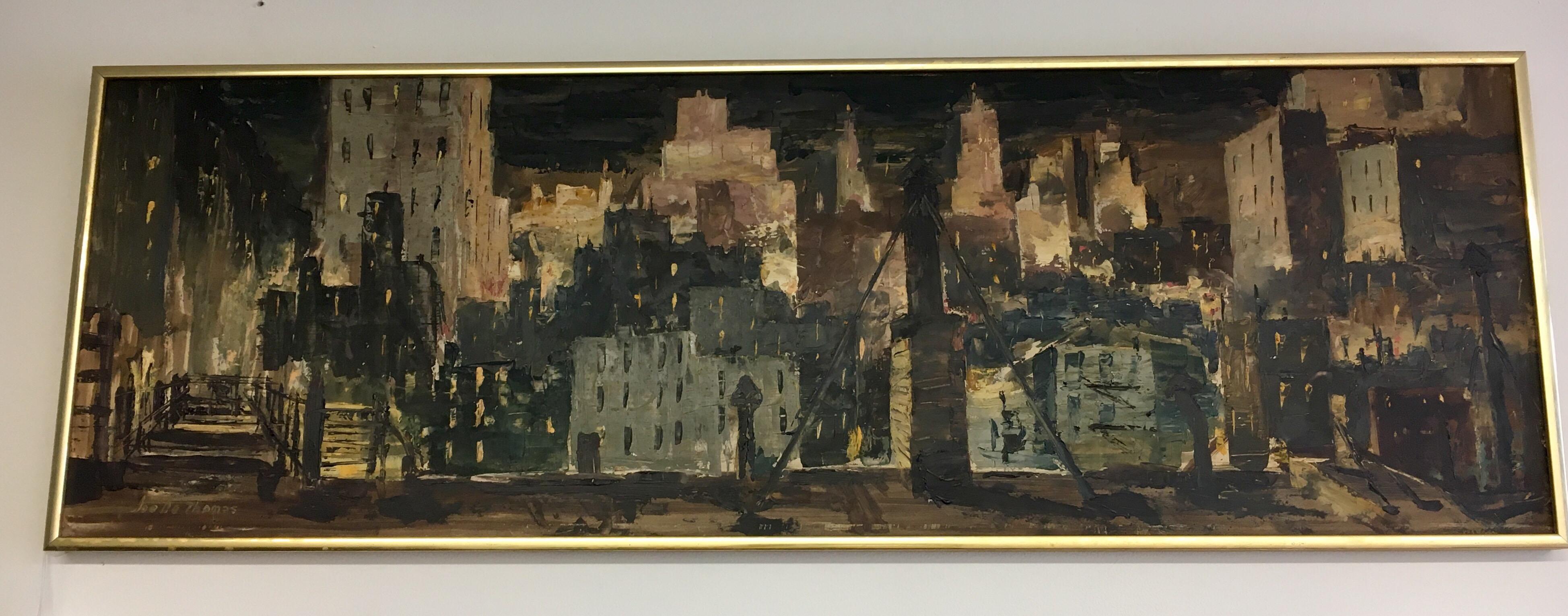 Oil on board original 1960s abstract cityscape by Joe B. Thomas. Artist signature on lower left.