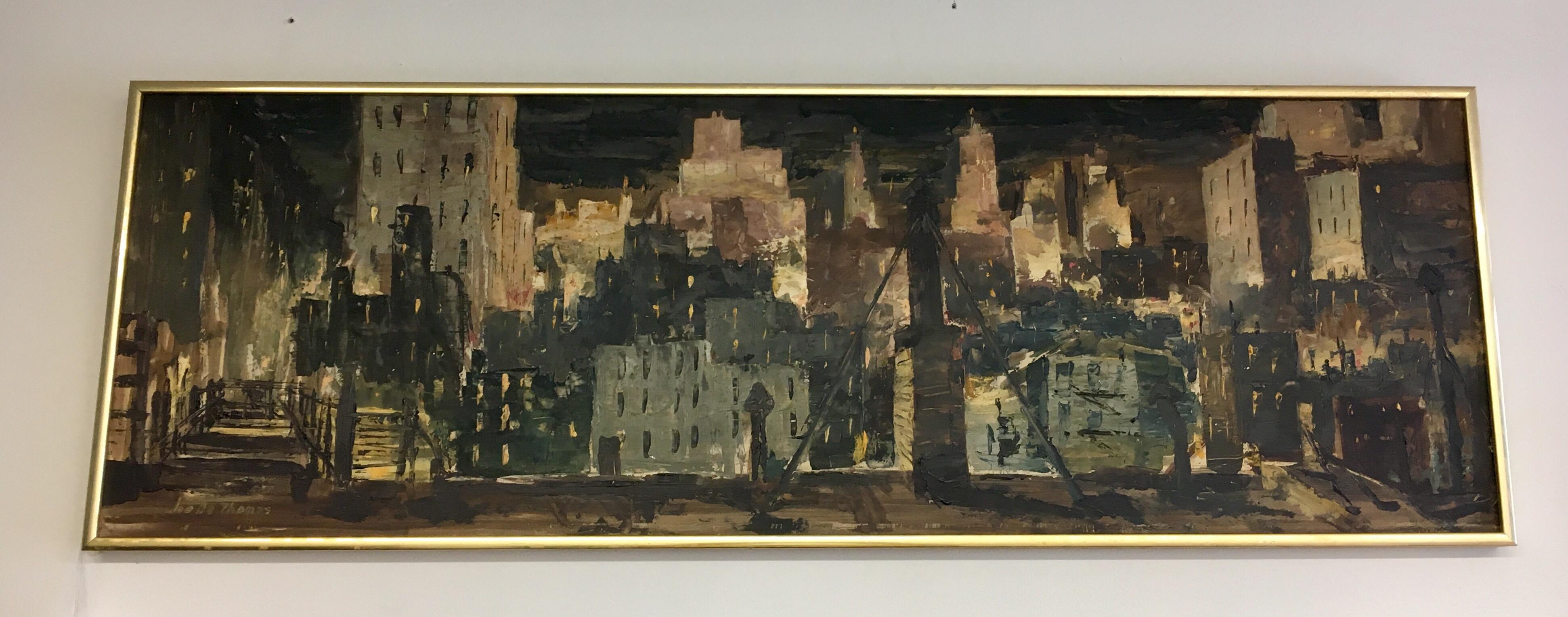 Mid-Century Modern Original Oil Painting by Joe B. Thomas Abstract Cityscape In Excellent Condition In West Hartford, CT