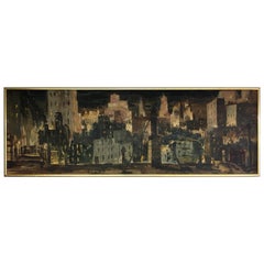 Abstrakte Stadtlandschaft, Original-Ölgemälde von Joe B. Thomas, Moderne der Mitte des Jahrhunderts