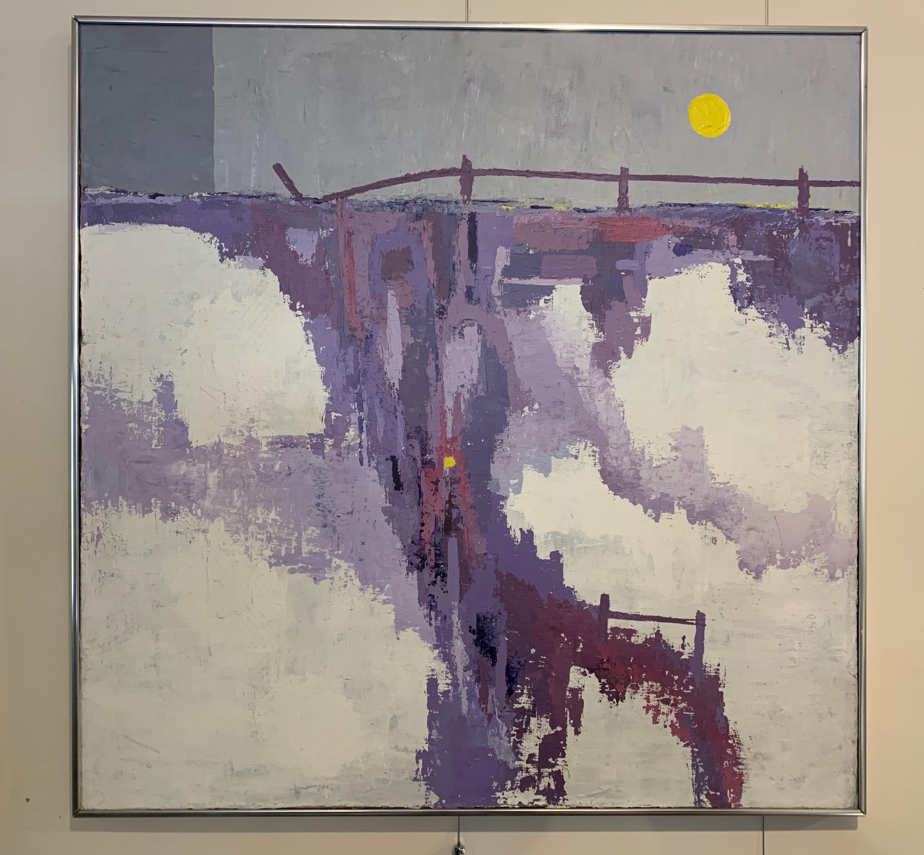 A true period oil on canvas original painting, circa 1960s and in original frame. What sets this original abstract painting art are the vivid colors highlighted by the color lavender and purple. The artist signature is at bottom left center but is