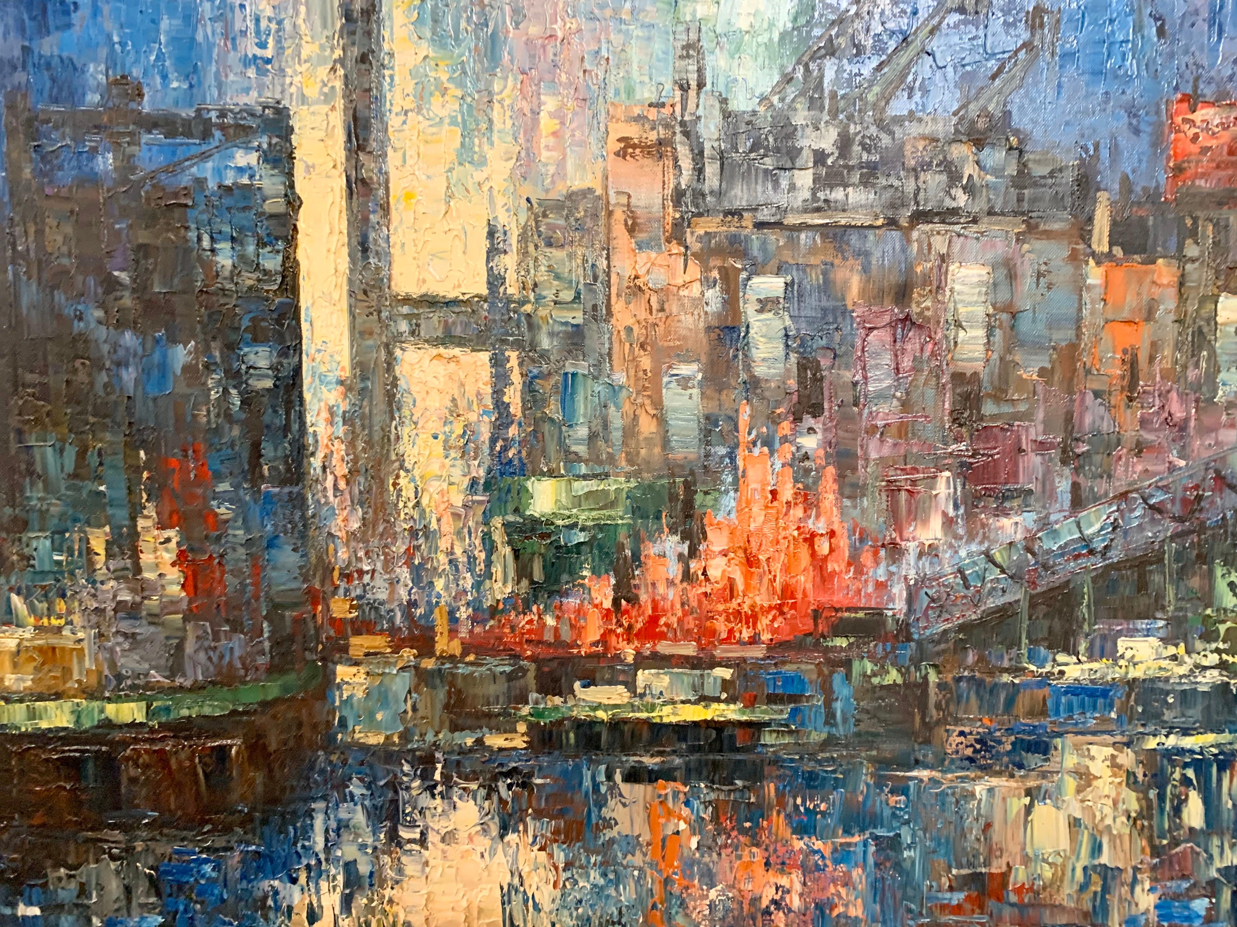 Mid-Century Modern original oil on canvas cityscape by the artist Helm. Signed on lower right.
Framed and ready to hang.