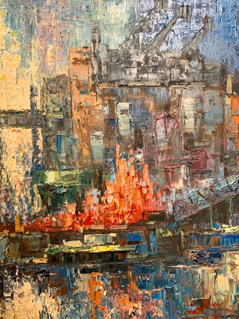 Mid-Century Modern Original Oil Painting Signed Abstract Cityscape For