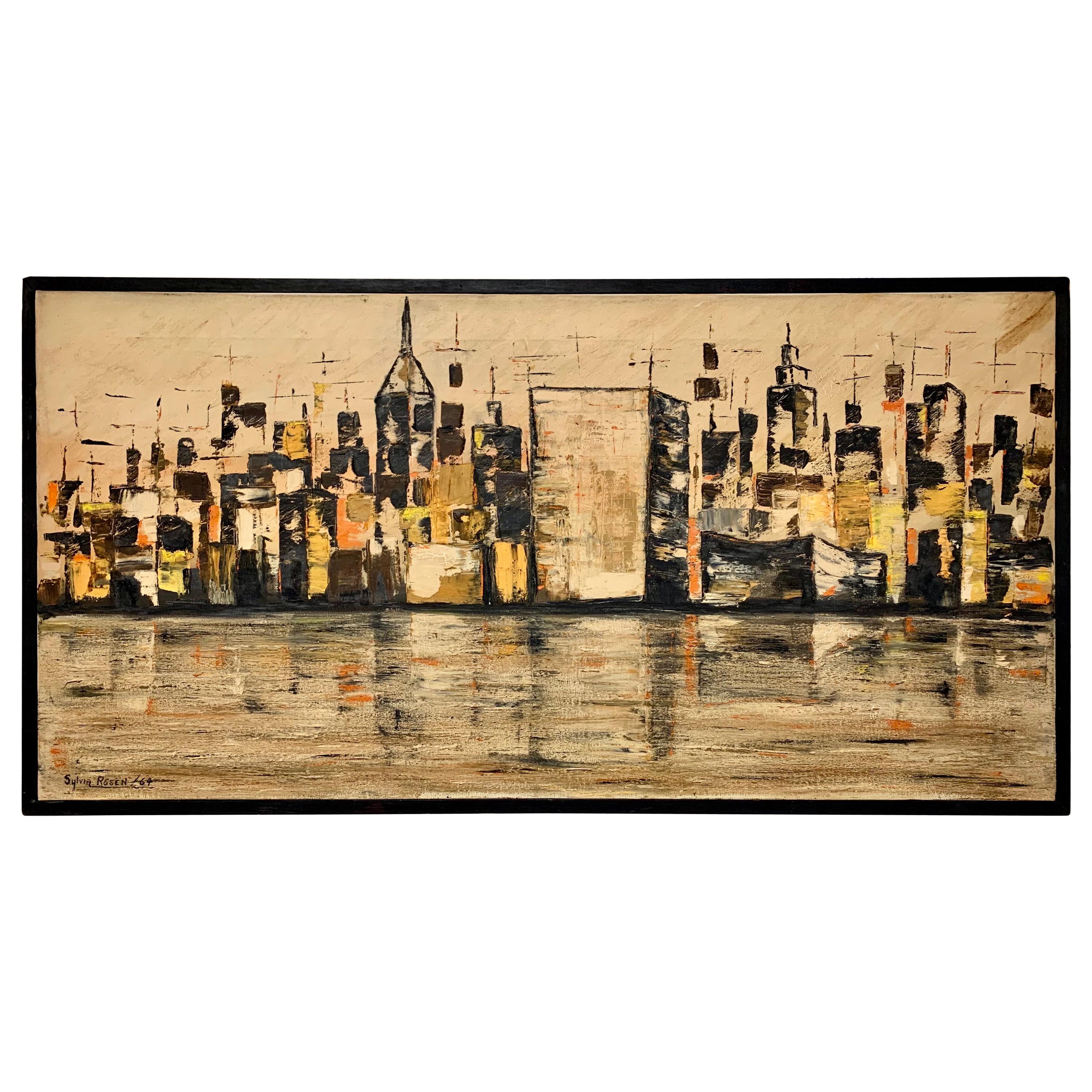 Peinture d'origine de Sylvia Rosen New York City, ligne d'horizon abstraite, style moderne du milieu du siècle dernier