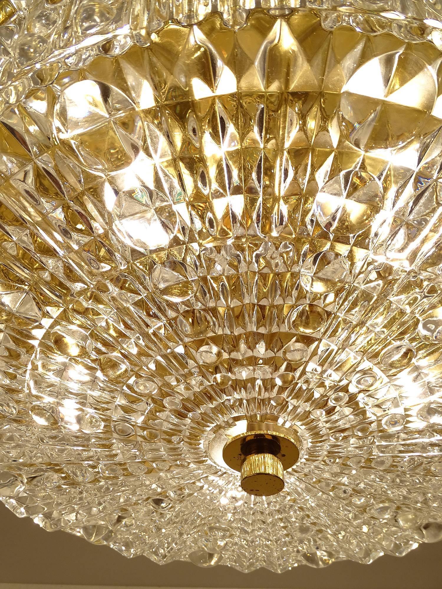 Orrefors Cut Crystal Glass Brass Flush Ceiling Light, Carl Fagerlund 5