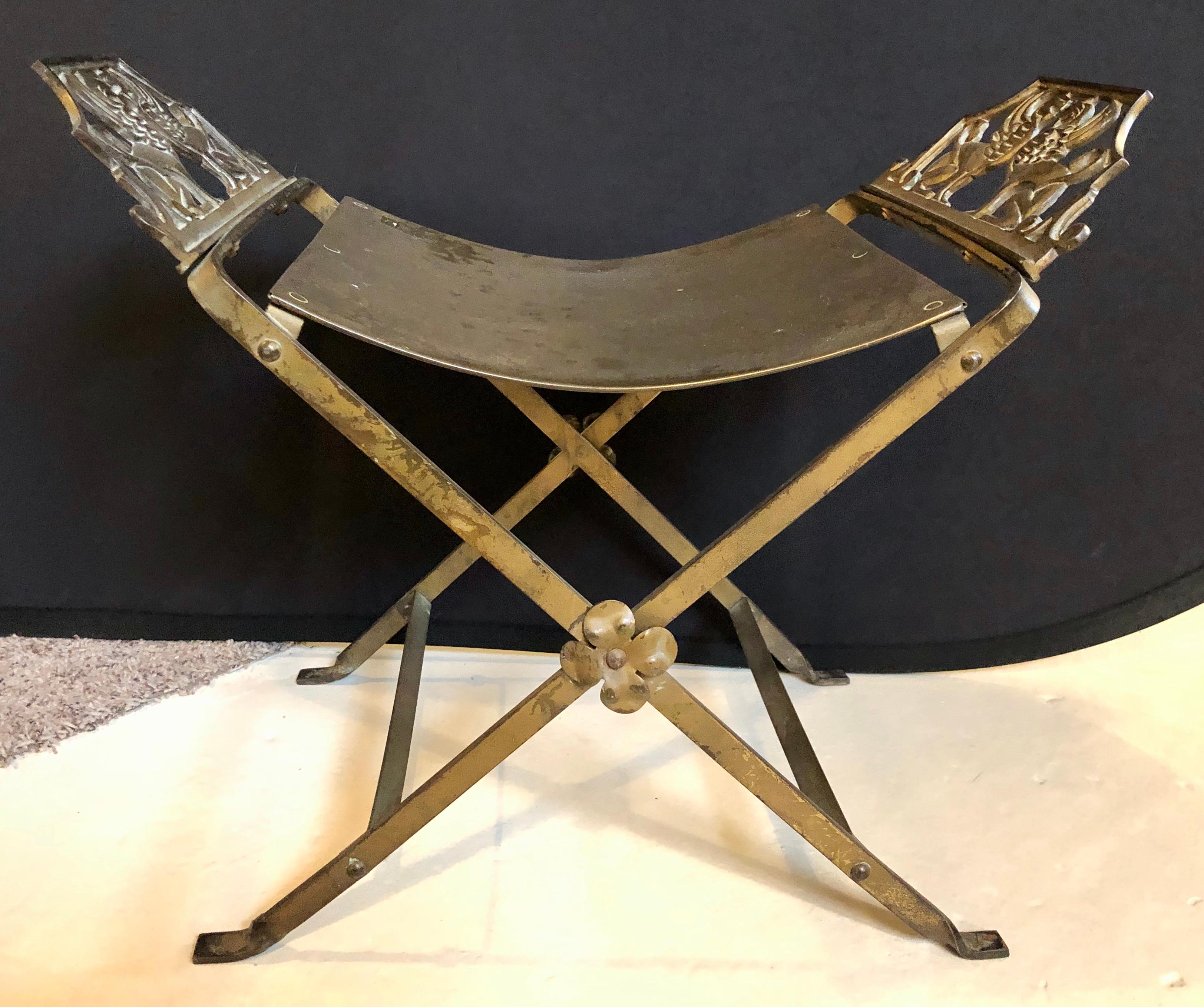 Art Deco Mid-Century Modern Oscar Bach Style Iron X-Base Bench Stool with Winged Griffins