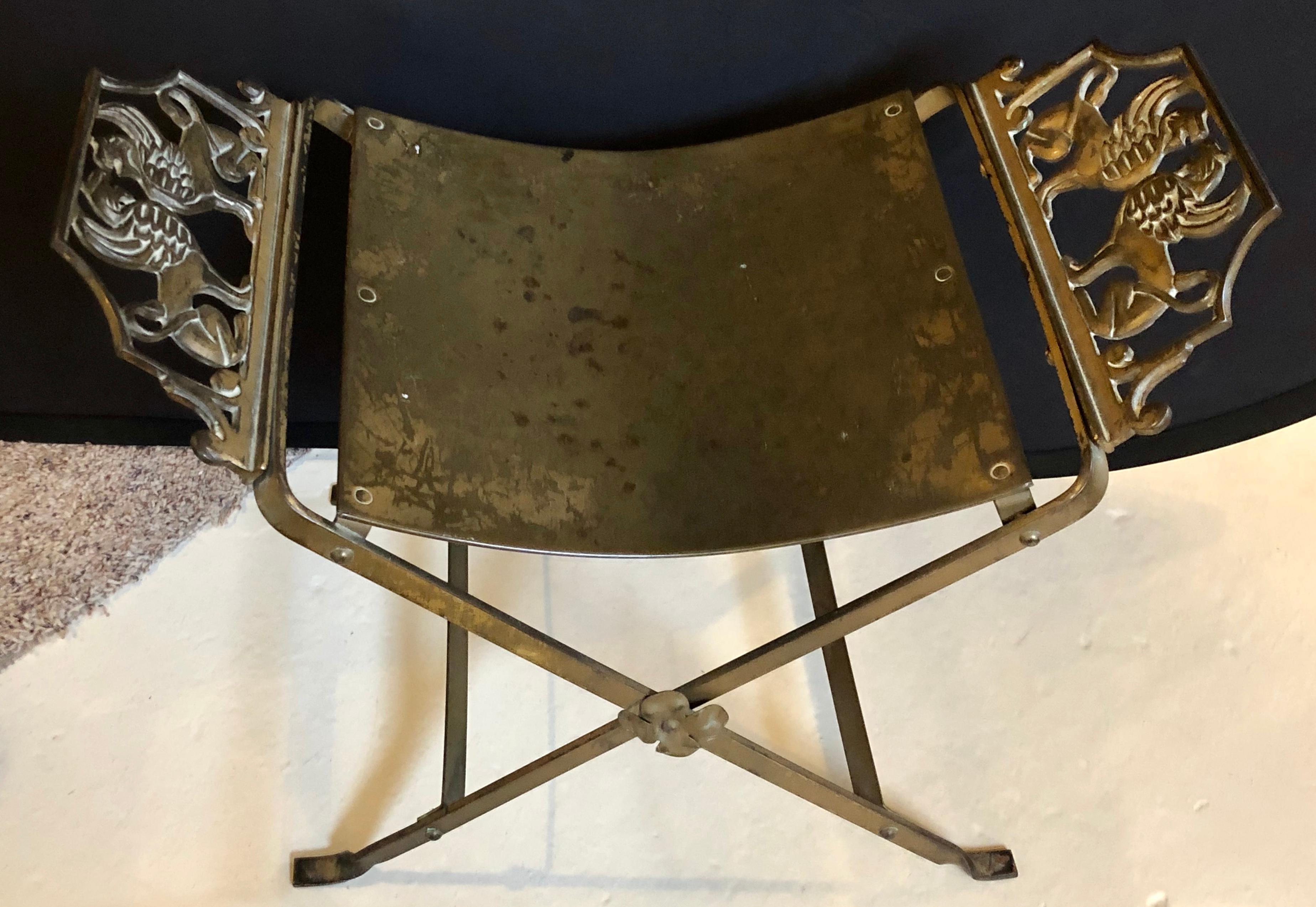 Mid-Century Modern Oscar Bach Style Iron X-Base Bench Stool with Winged Griffins In Good Condition In Stamford, CT