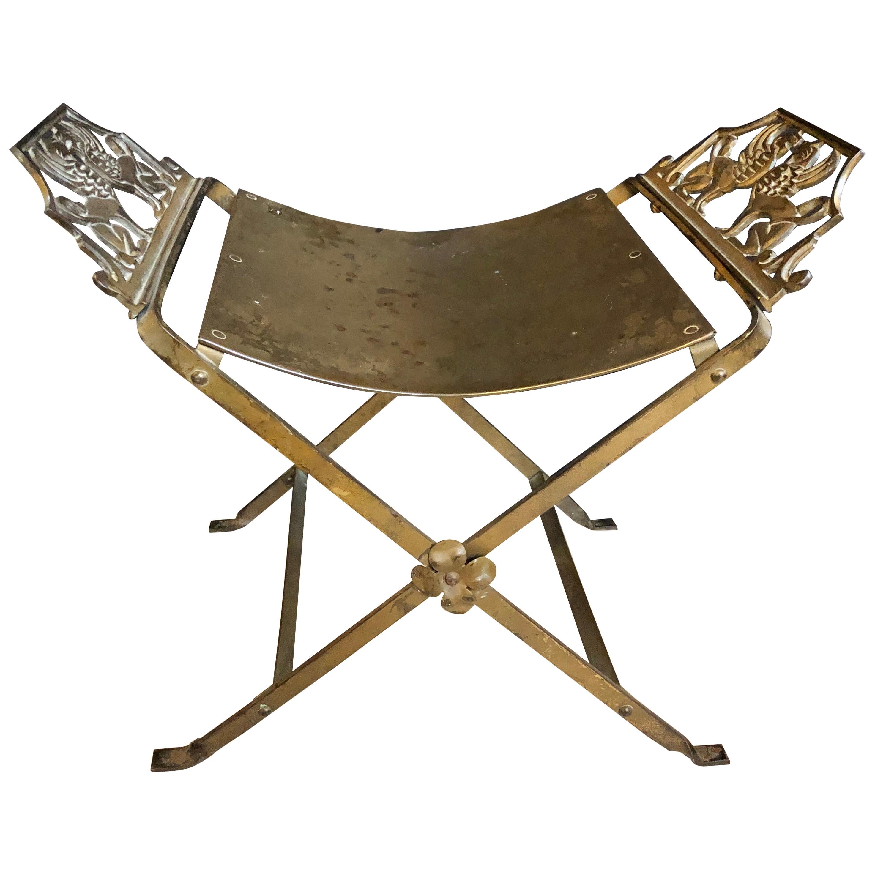 Mid-Century Modern Oscar Bach Style Iron X-Base Bench Stool with Winged Griffins