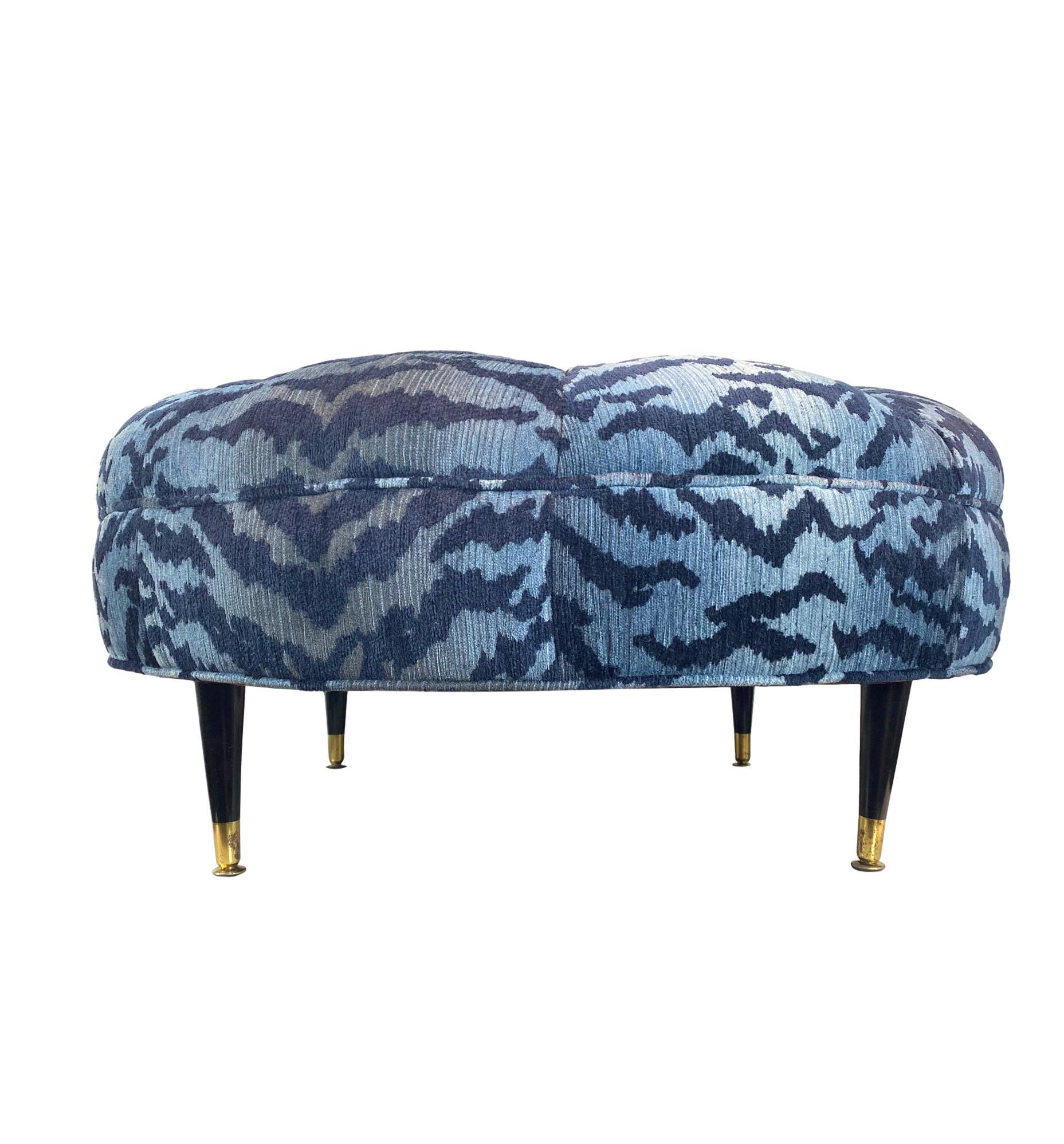 French Mid-Century Modern Ottoman, circa 1950s Newly Upholstered in Blue Tiger Velvet