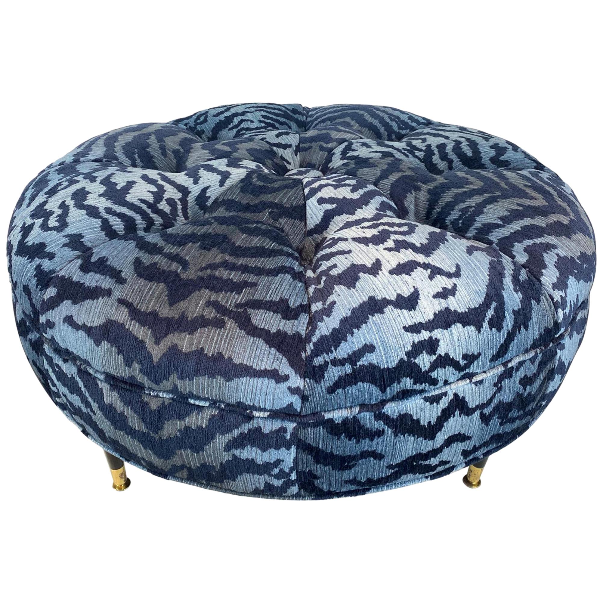Mid-Century Modern Ottoman, circa 1950s Newly Upholstered in Blue Tiger Velvet