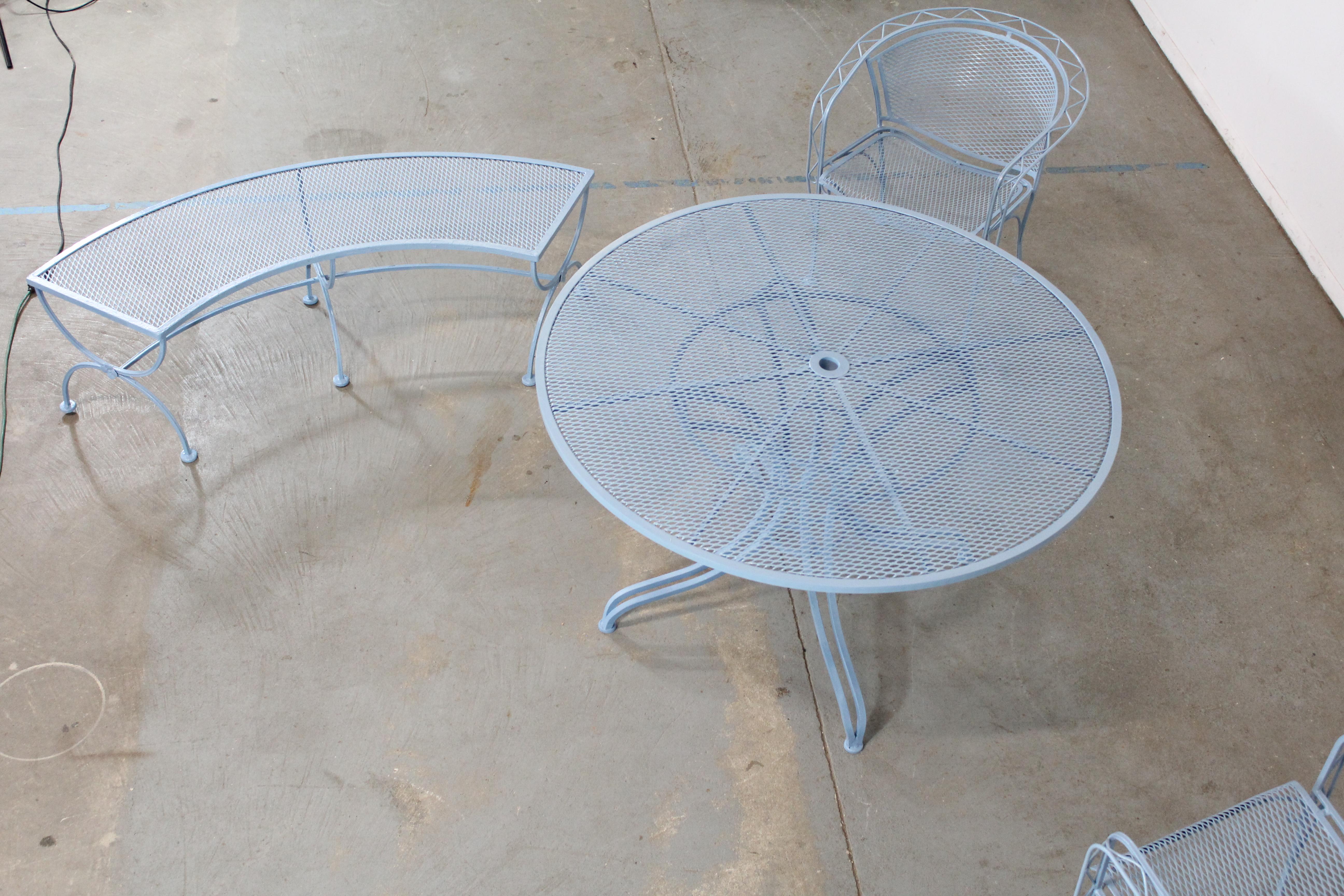 Mid-Century Modern Outdoor Iron Table Set with Curved Back Bench and 2 Chairs 12