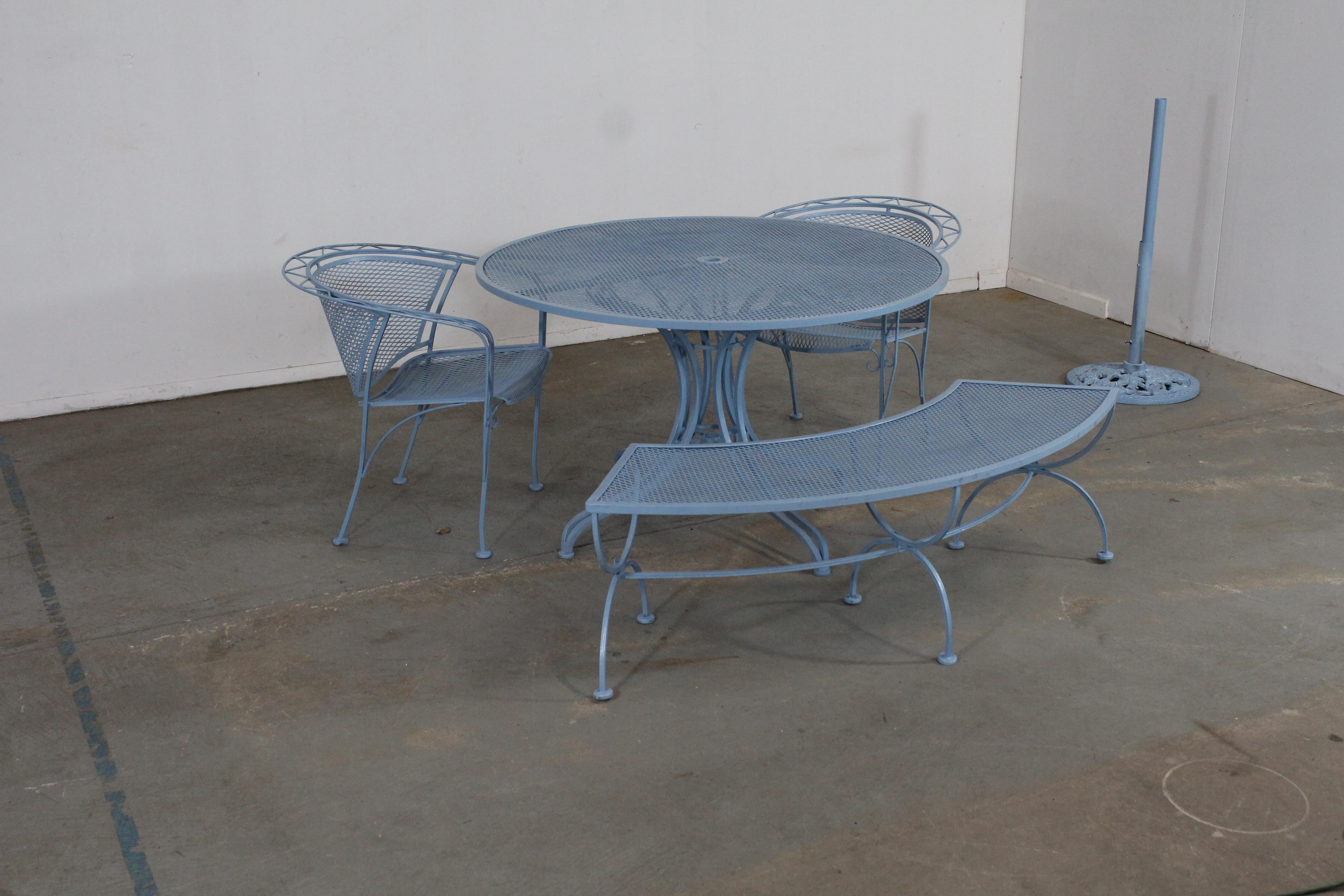 Mid-Century Modern Outdoor Iron Table Set with Curved Back Bench and 2 Chairs 14