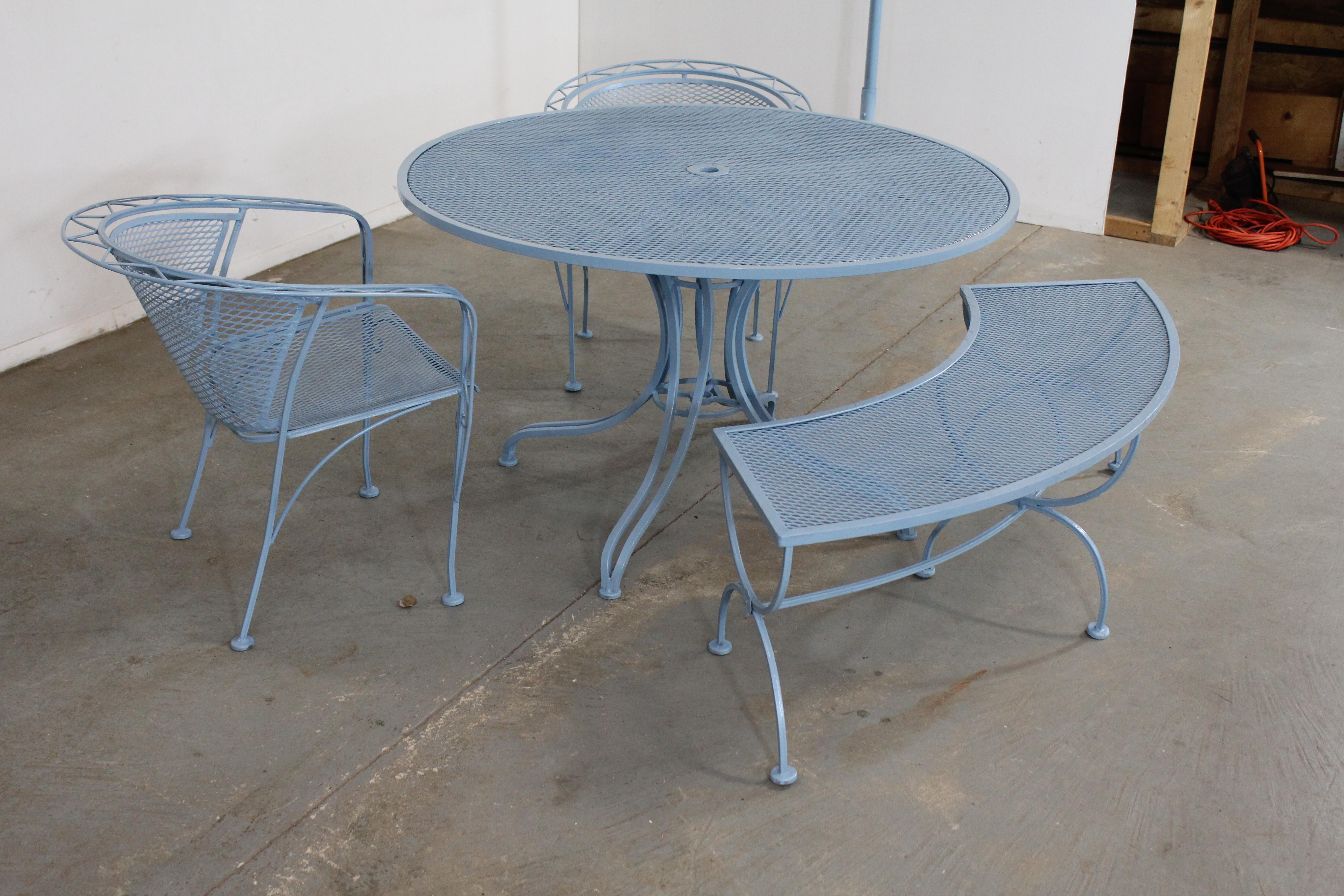North American Mid-Century Modern Outdoor Iron Table Set with Curved Back Bench and 2 Chairs