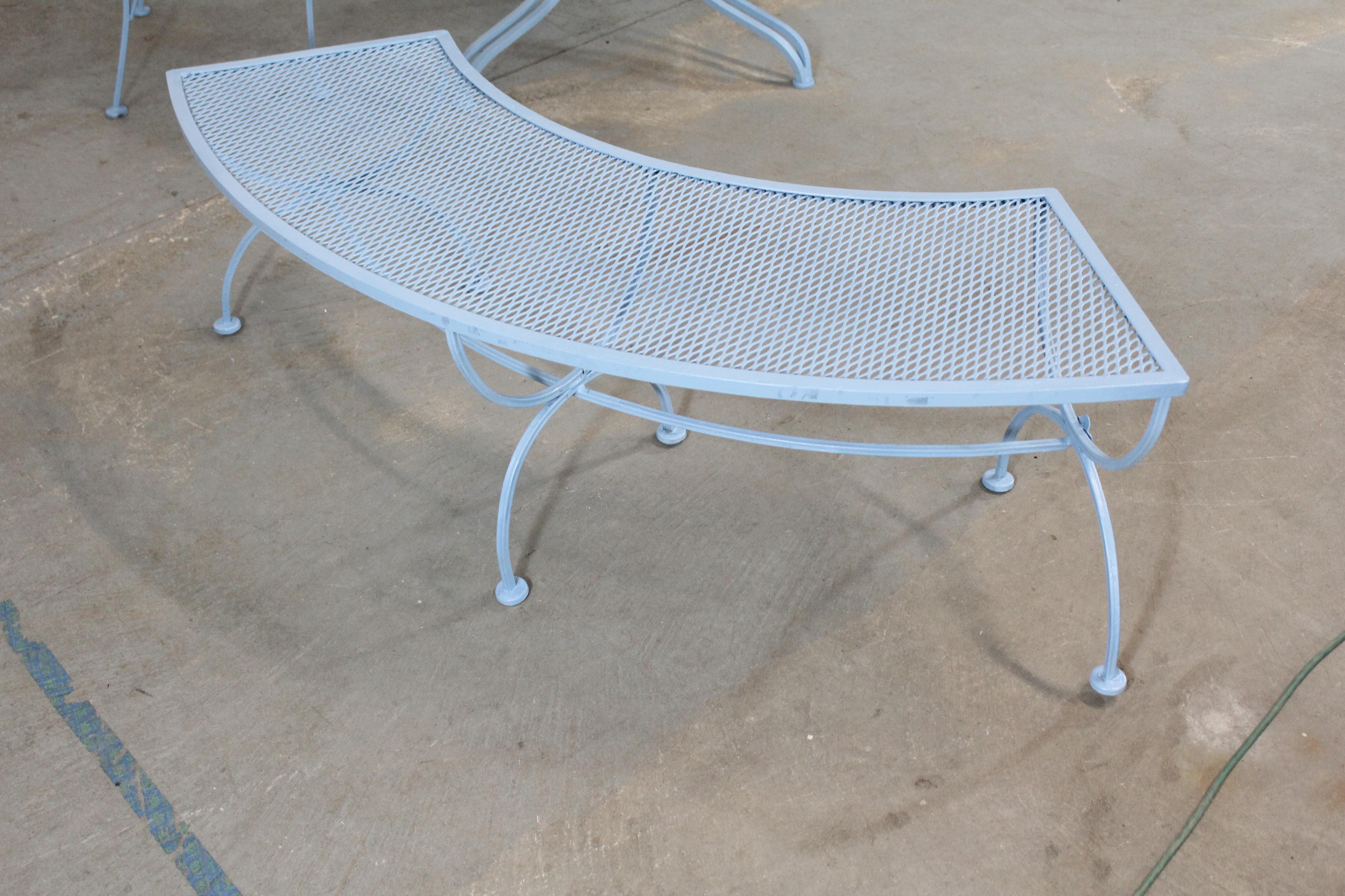Mid-Century Modern Outdoor Iron Table Set with Curved Back Bench and 2 Chairs 1