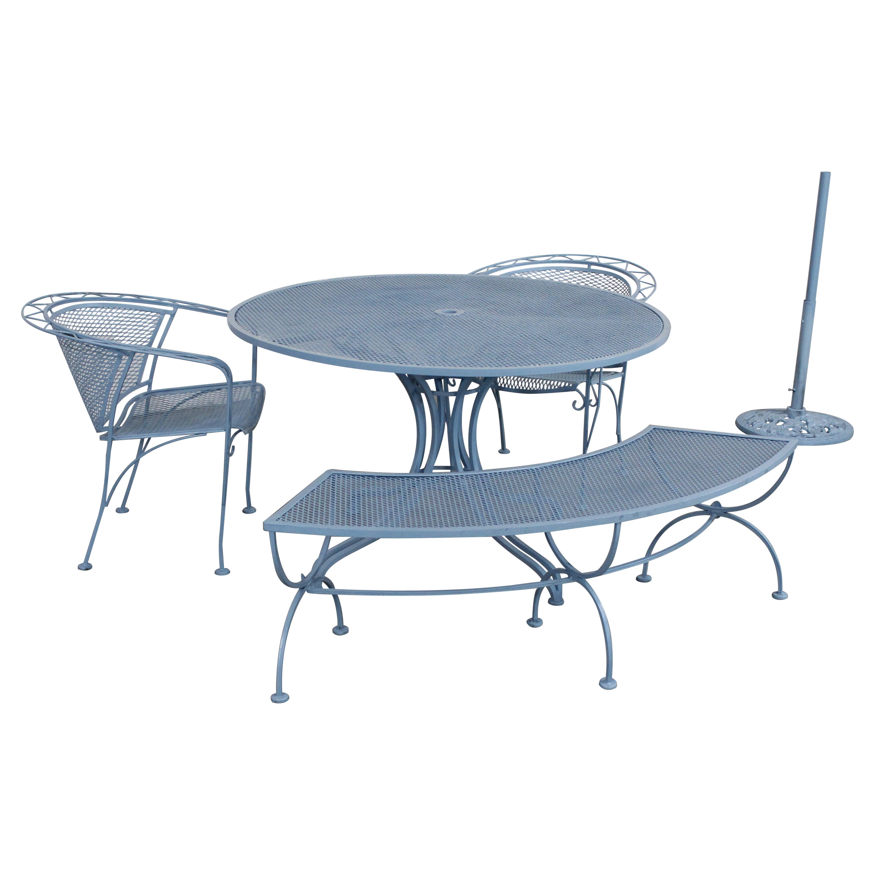 Mid-Century Modern Outdoor Iron Table Set with Curved Back Bench and 2 Chairs