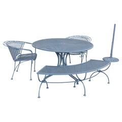 Mid-Century Modern Outdoor Iron Table Set with Curved Back Bench and 2 Chairs