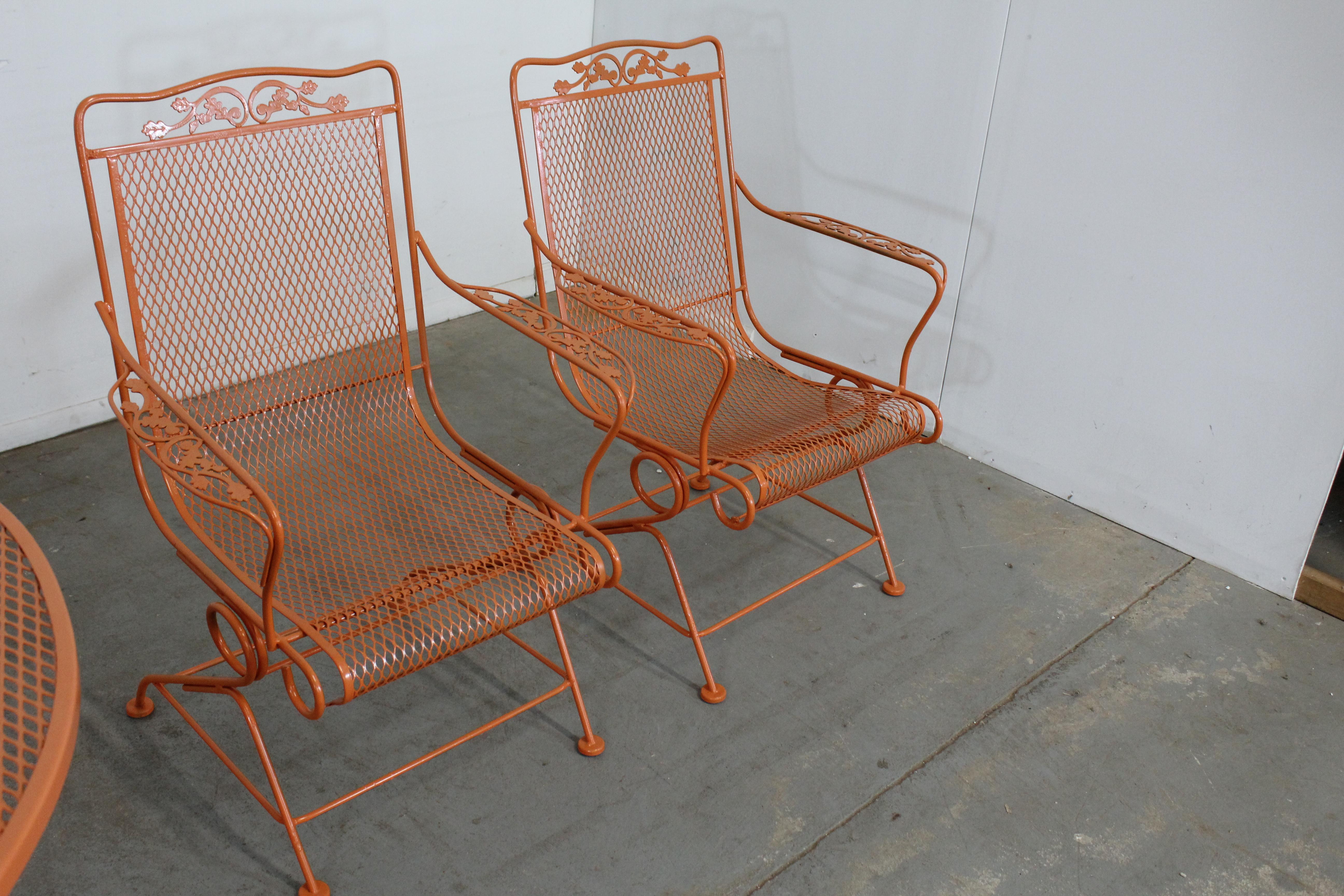 Wrought Iron Mid-Century Modern Outdoor Woodard Table and 4 Springer Chairs in Atomic Orange