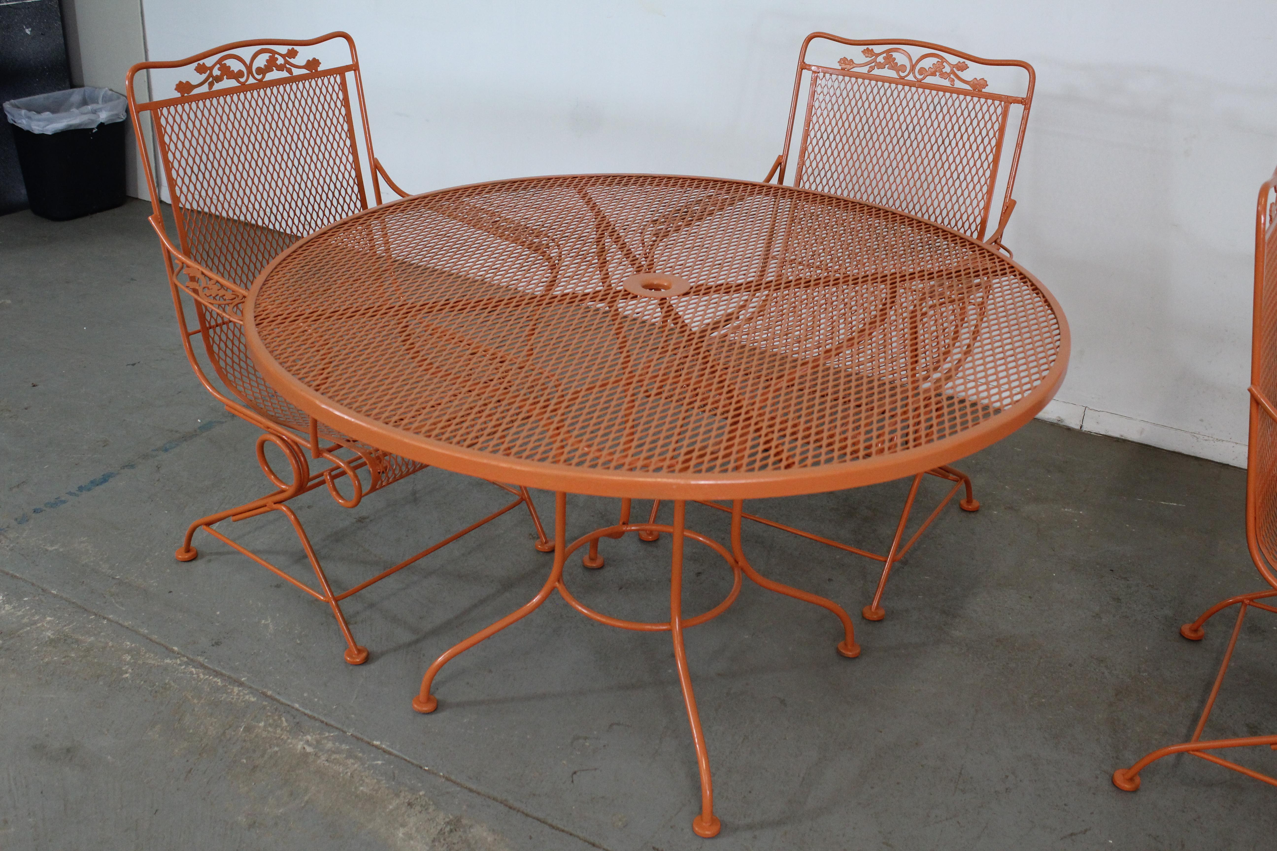Mid-Century Modern Outdoor Woodard Table and 4 Springer Chairs in Atomic Orange 2