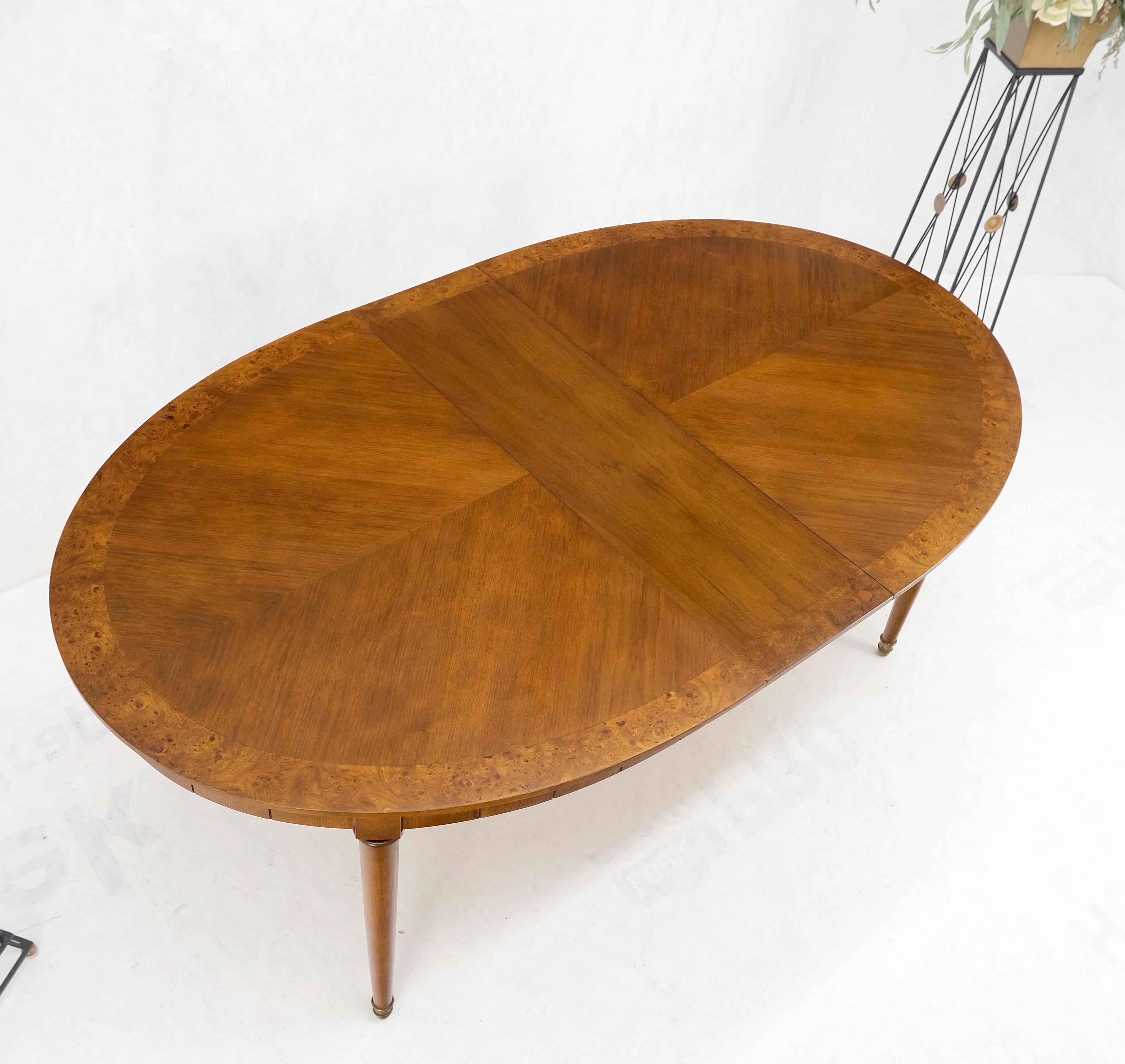 Mid-Century Modern Oval Banded Burl Wood Tapered Legs One Leaf Dining Table Mint For Sale 3