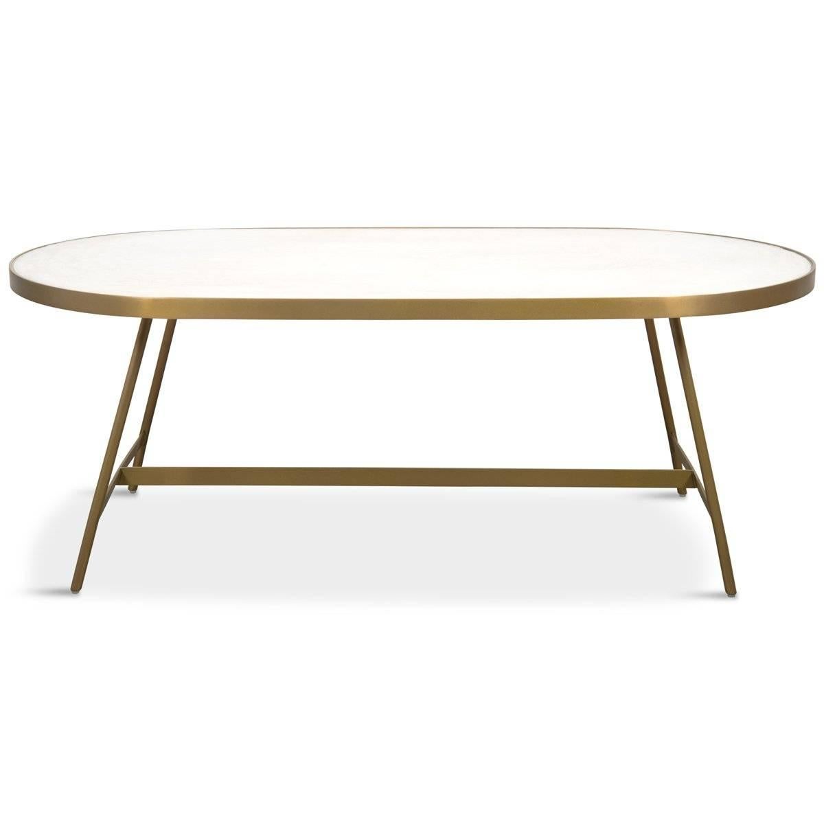 The simple design of the Kingston coffee table features a brushed brass frame with a vanilla stone-like concrete top. A modern and understated beauty, the Kingston has a clean look and an I-beam frame that gives a subtle nod to the world of