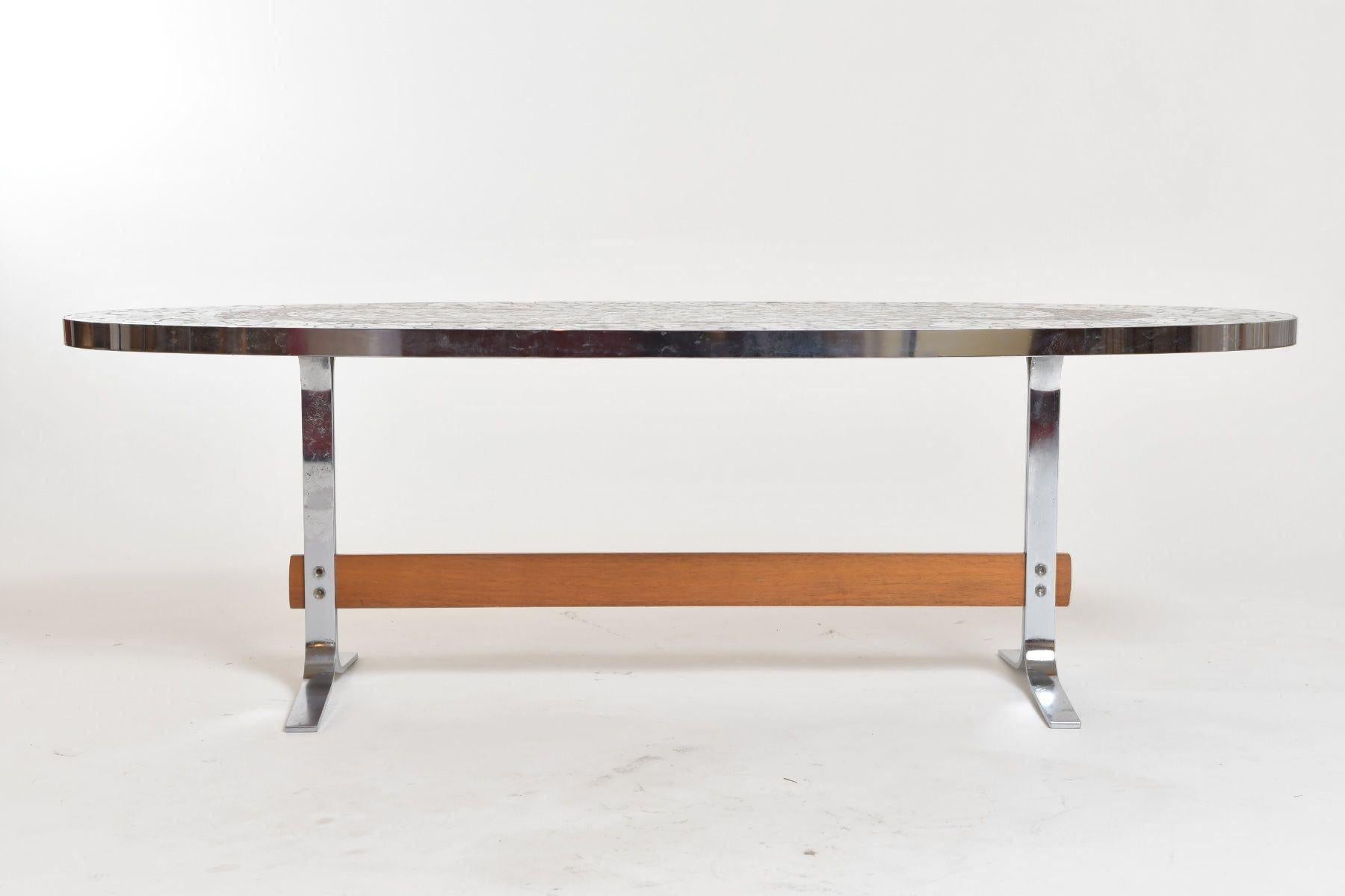 Mid-Century Modern Oval Chrome and Mosaic Low Table For Sale 4