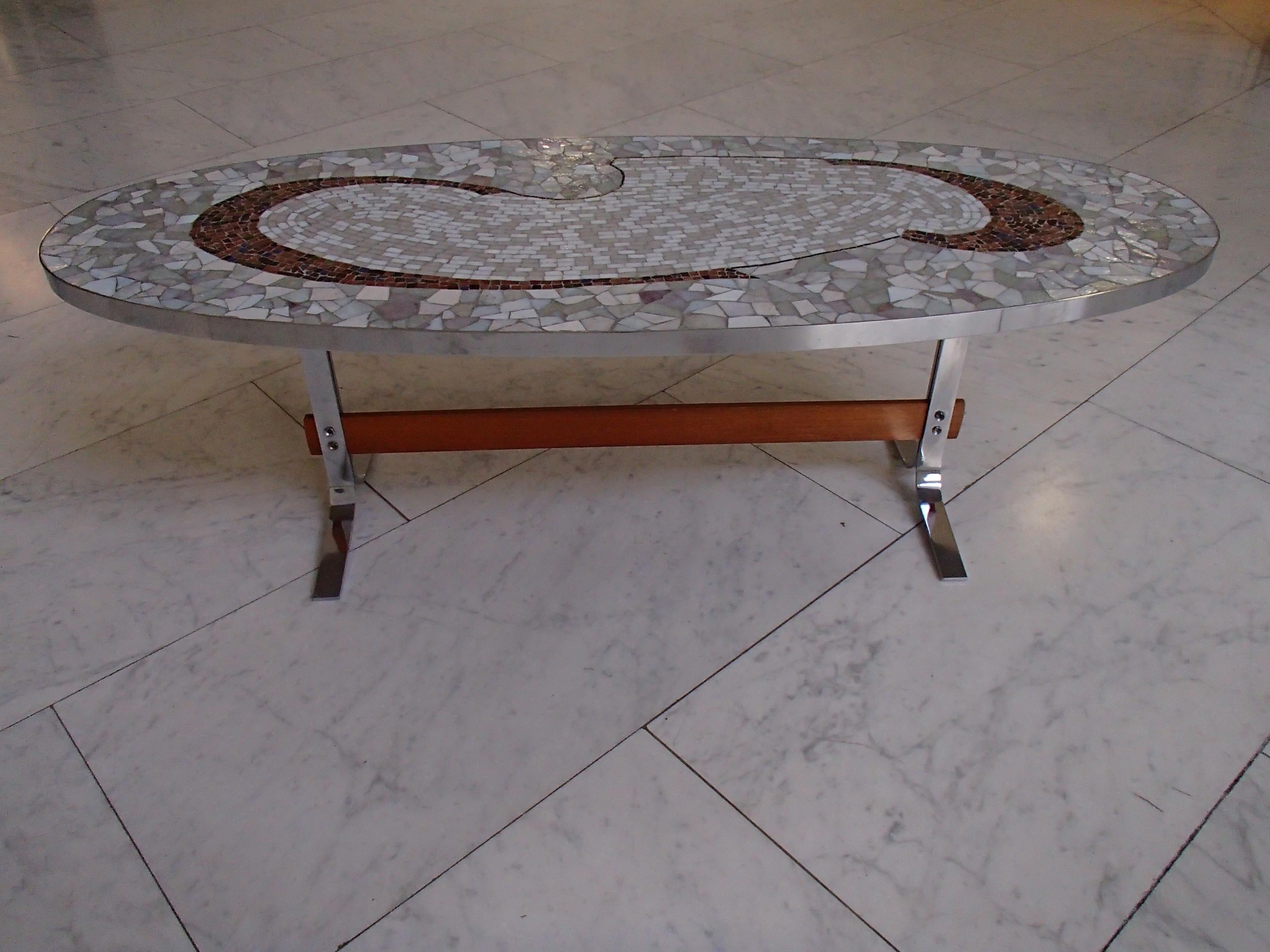 Mid-Century Modern Oval Chrome and Mosaic Low Table For Sale 1