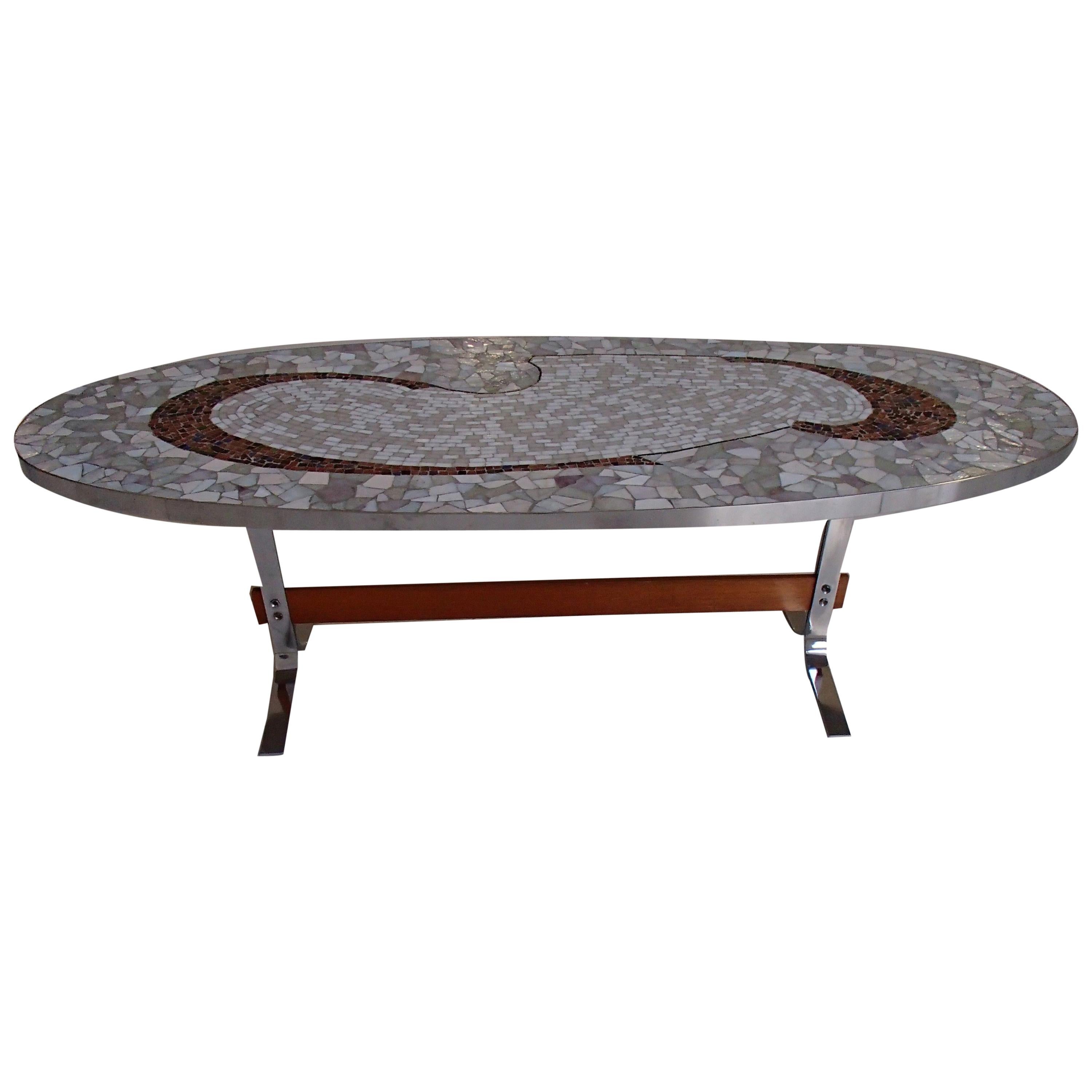 Mid-Century Modern Oval Chrome and Mosaic Low Table For Sale