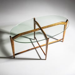 Mid-Century Modern Oval Coffee Table, Walnut Base, Glass Top, Italy