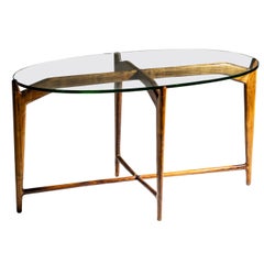 Mid-Century Modern Oval Coffee Table, Walnut Base, Glass Top, Italy
