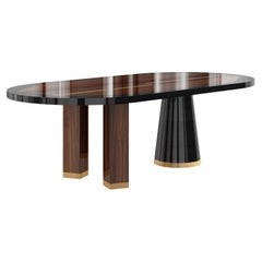 Ovaler Esstisch aus Holz mit Intarsien, Mid-Century Modern, Drei geometrische Beine