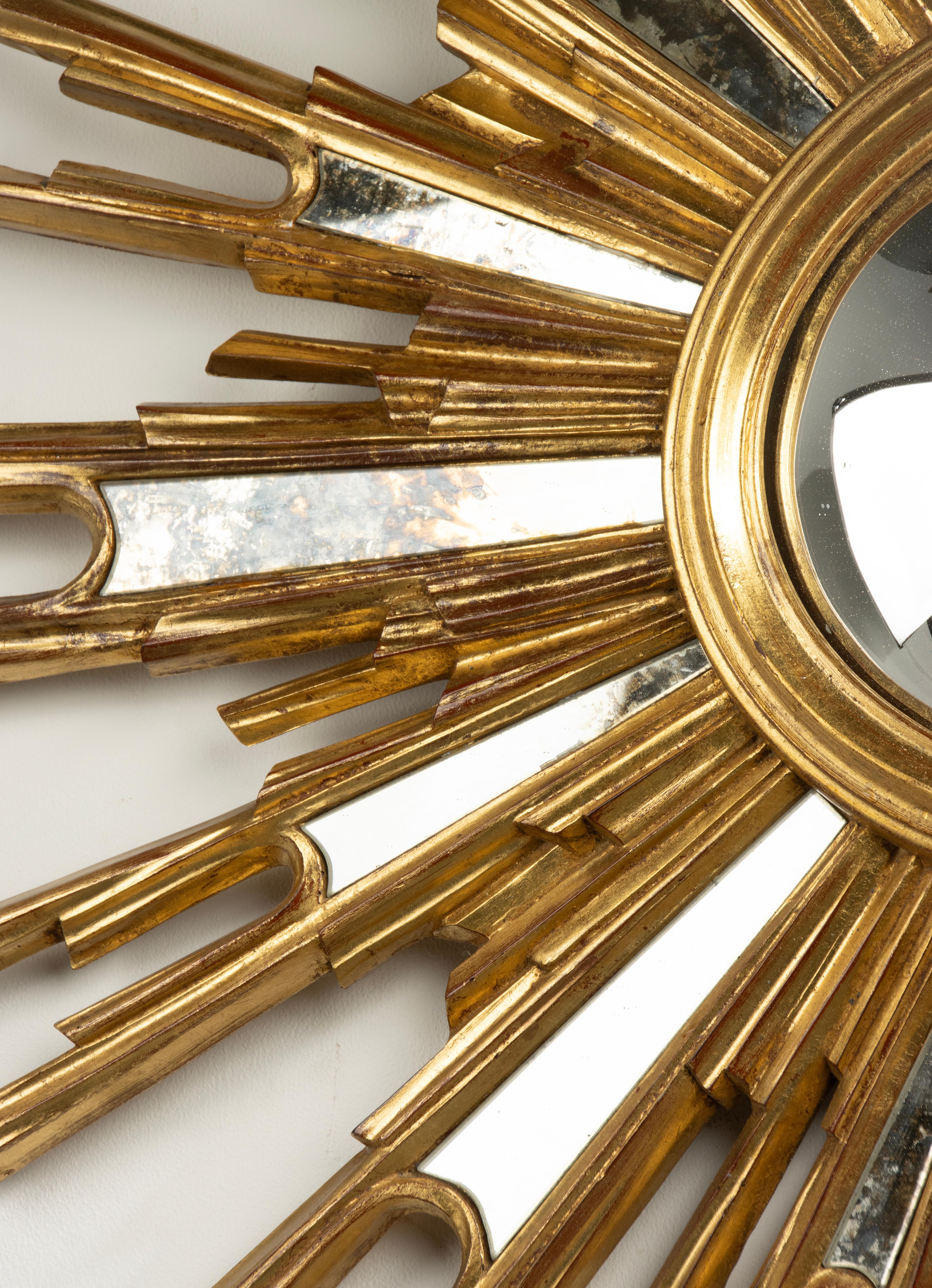 Mid-Century Modern Oval Gilded Sunburst Convex Mirror with Side Mirrors 2