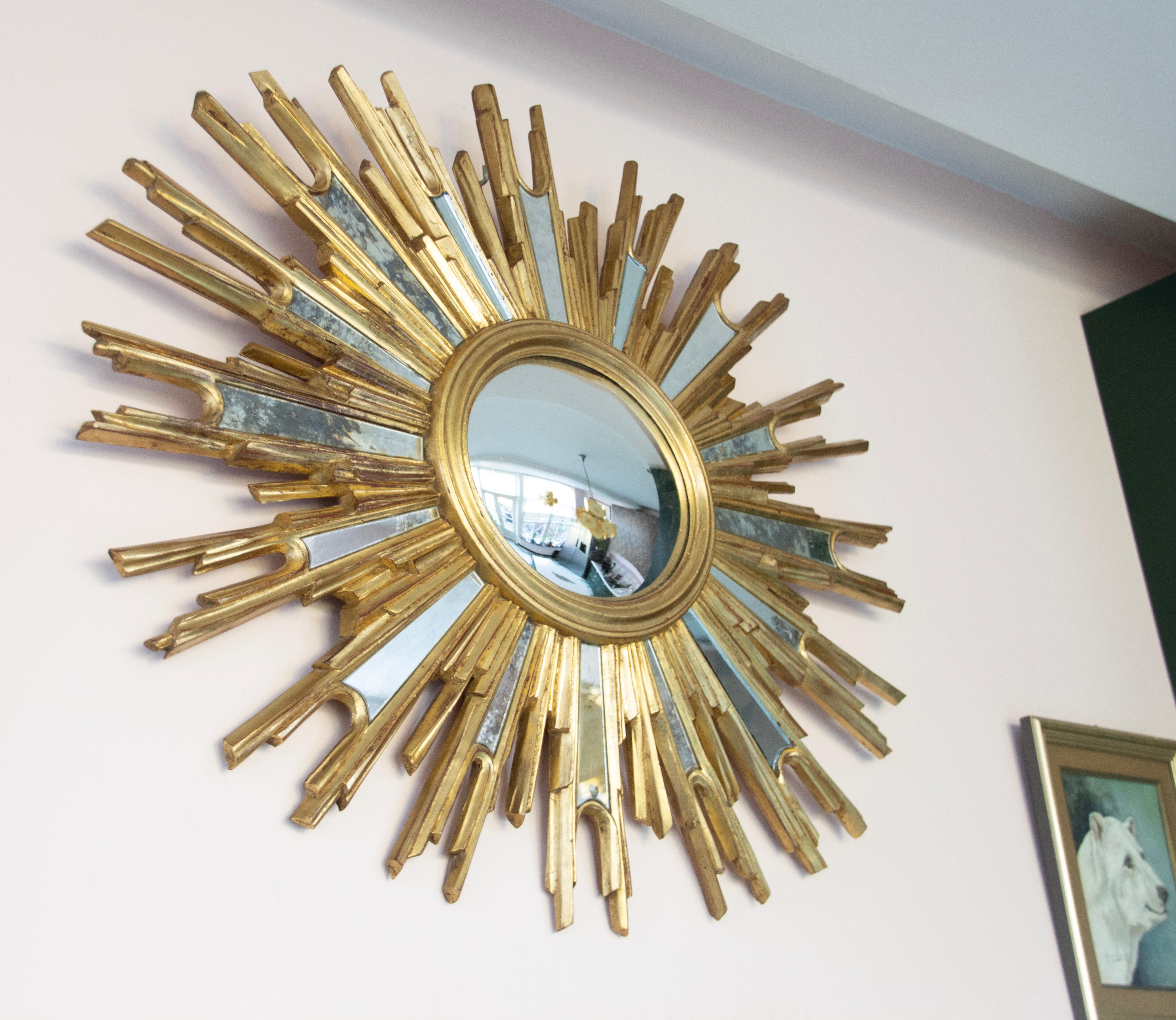 Mid-Century Modern Oval Gilded Sunburst Convex Mirror with Side Mirrors 8