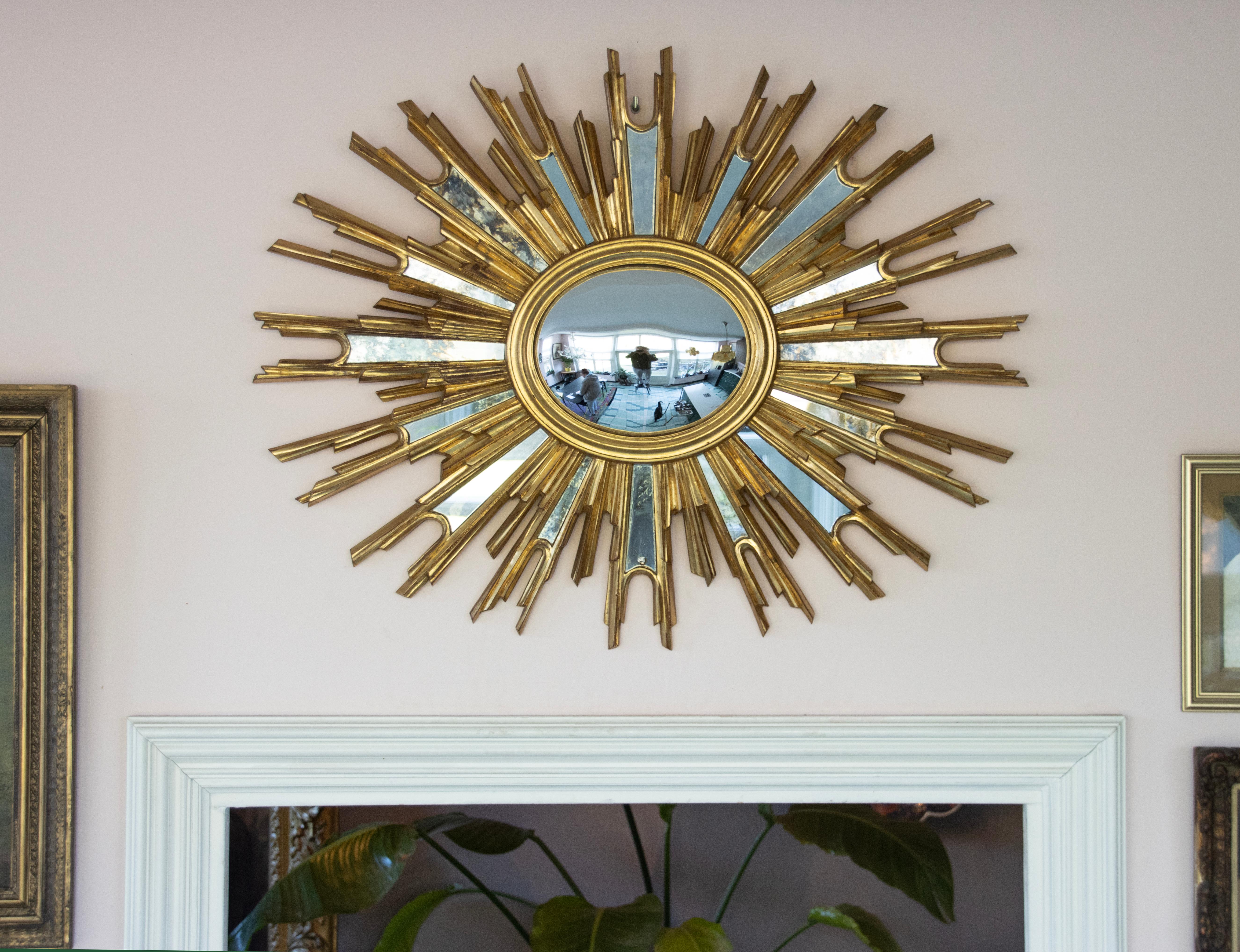 Mid-Century Modern Oval Gilded Sunburst Convex Mirror with Side Mirrors 11