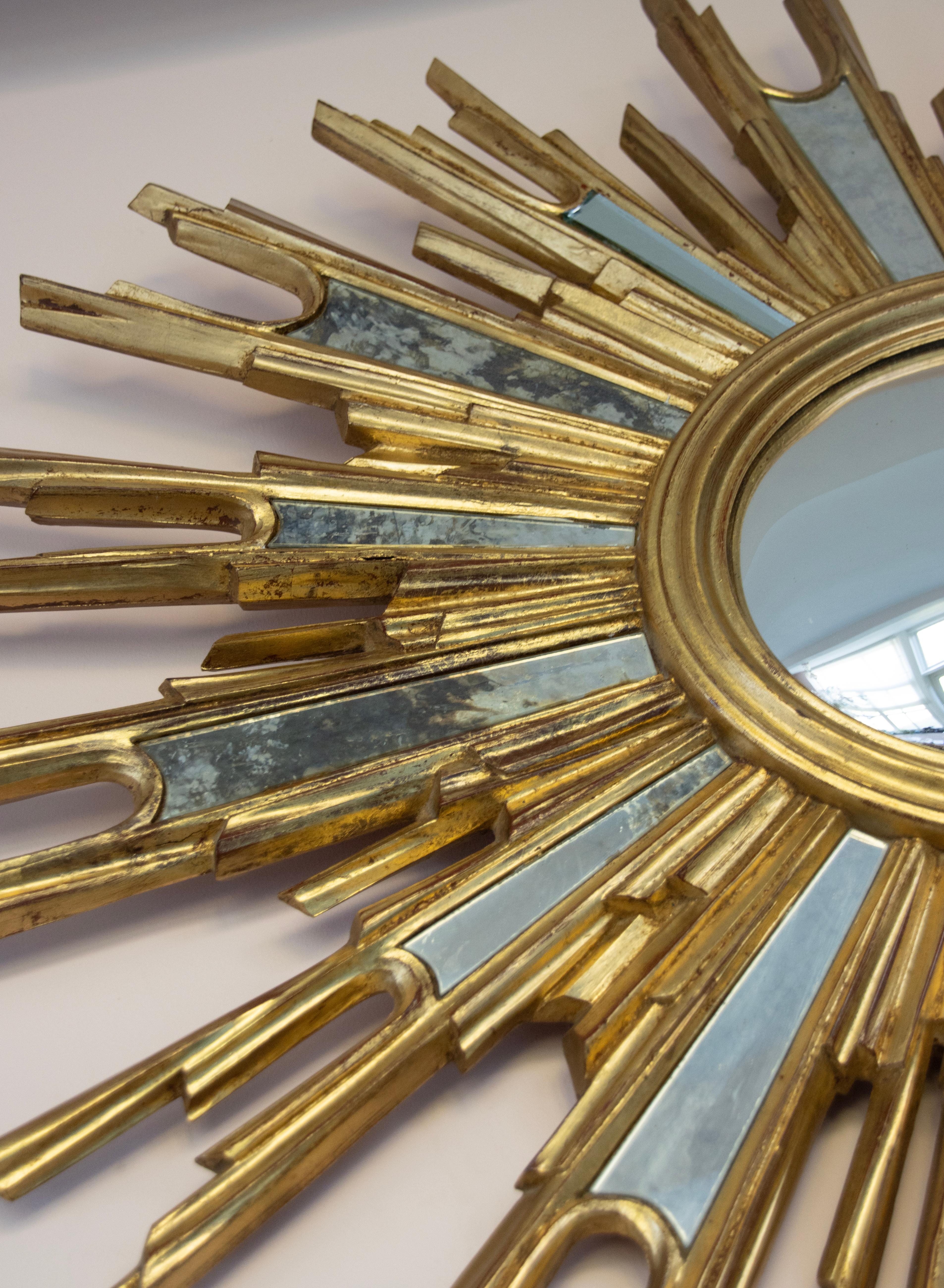 Mid-Century Modern Oval Gilded Sunburst Convex Mirror with Side Mirrors 12
