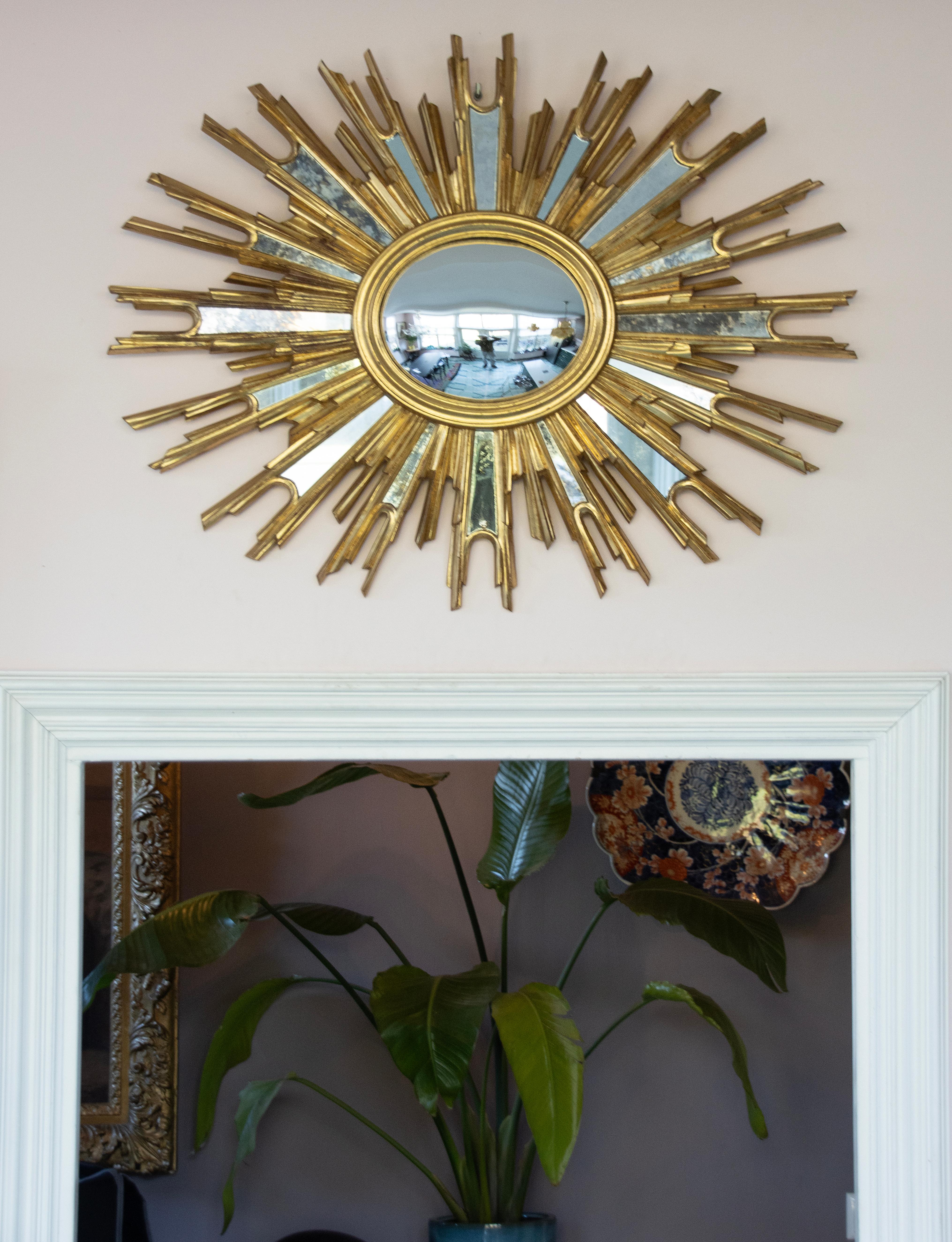Late 20th Century Mid-Century Modern Oval Gilded Sunburst Convex Mirror with Side Mirrors
