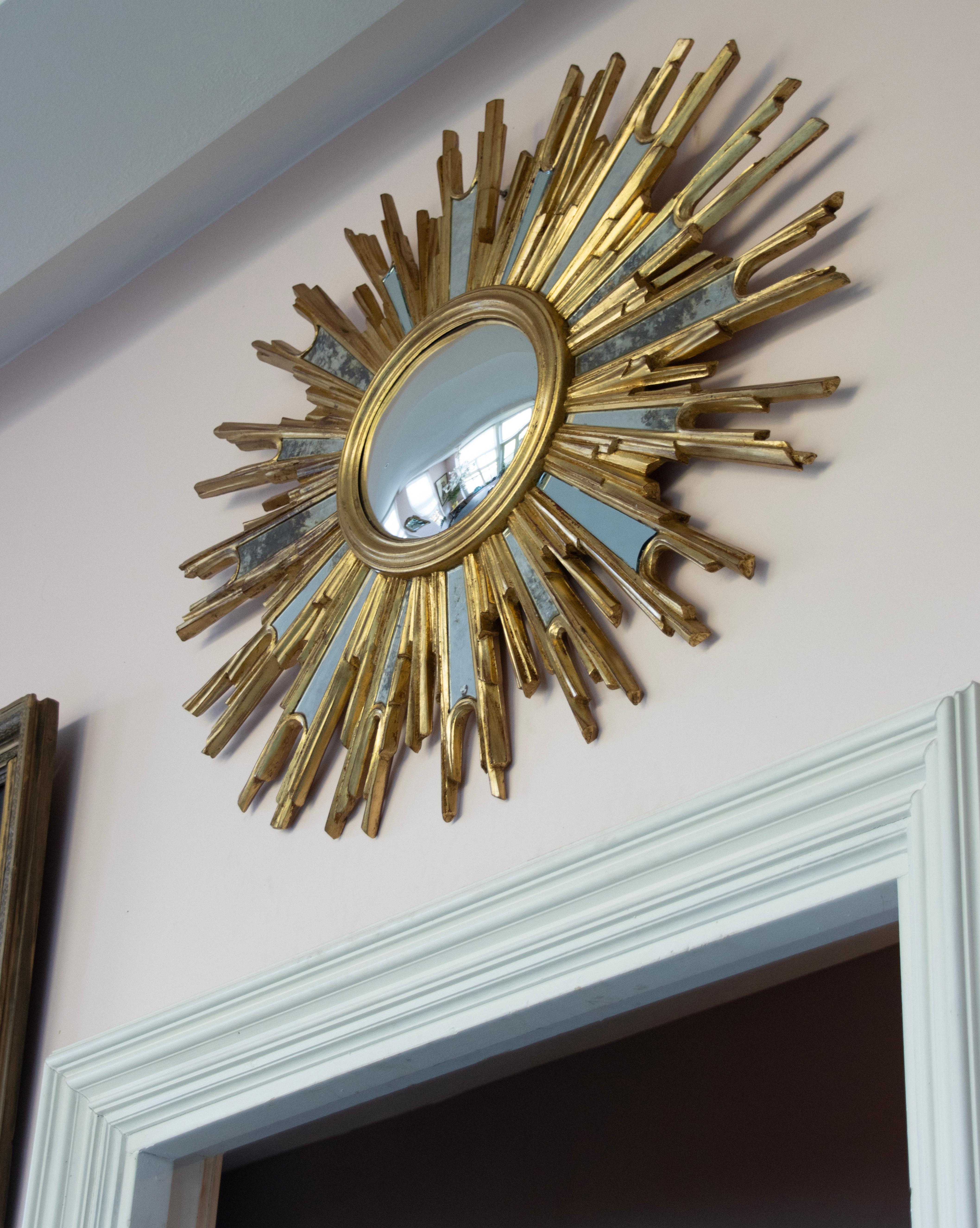 Mid-Century Modern Oval Gilded Sunburst Convex Mirror with Side Mirrors 6