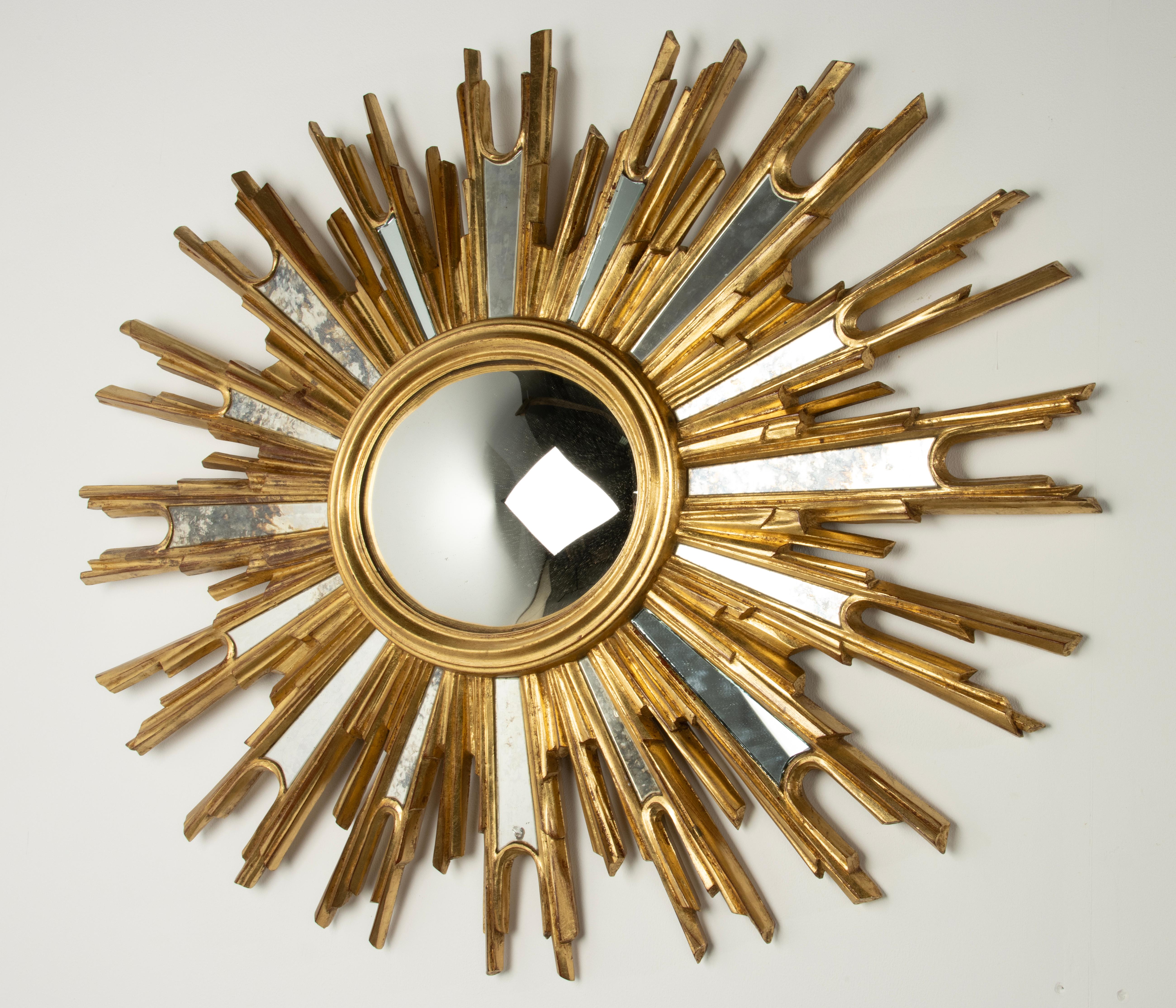 Hand-Crafted Mid-Century Modern Oval Gilded Sunburst Convex Mirror with Side Mirrors