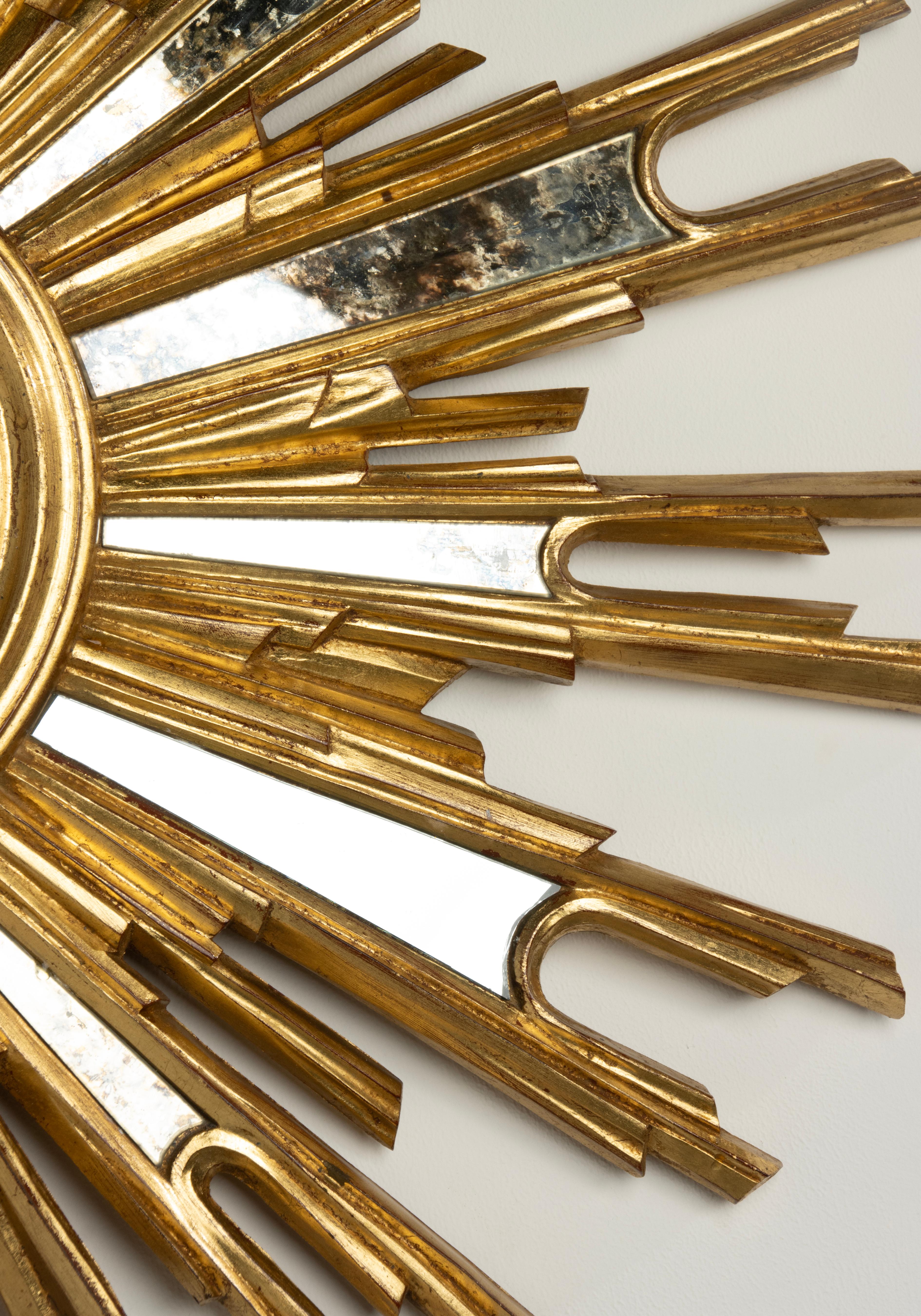 Belgian Mid-Century Modern Oval Gilded Sunburst Convex Mirror with Side Mirrors