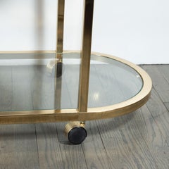 Mid-Century Modern Oval Polished Brass and Mirror Three-Tier Bar Cart on Casters