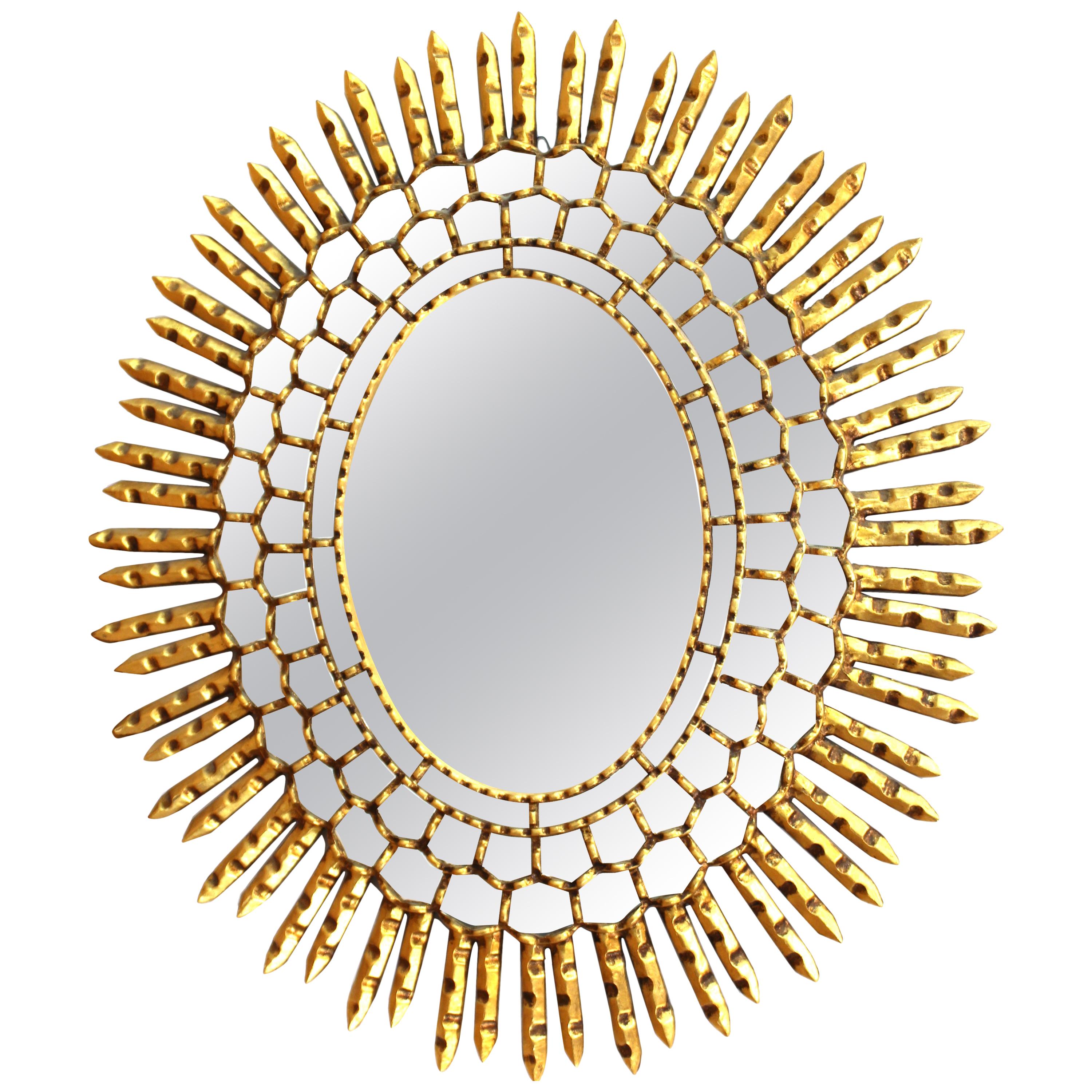 Mid-Century Modern Oval Sunburst Mirror in Giltwood