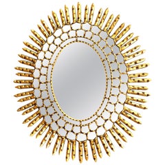 Mid-Century Modern Oval Sunburst Mirror in Giltwood