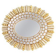 Mid-Century Modern Oval Sunburst Mirror in Giltwood with Mirrored Rays