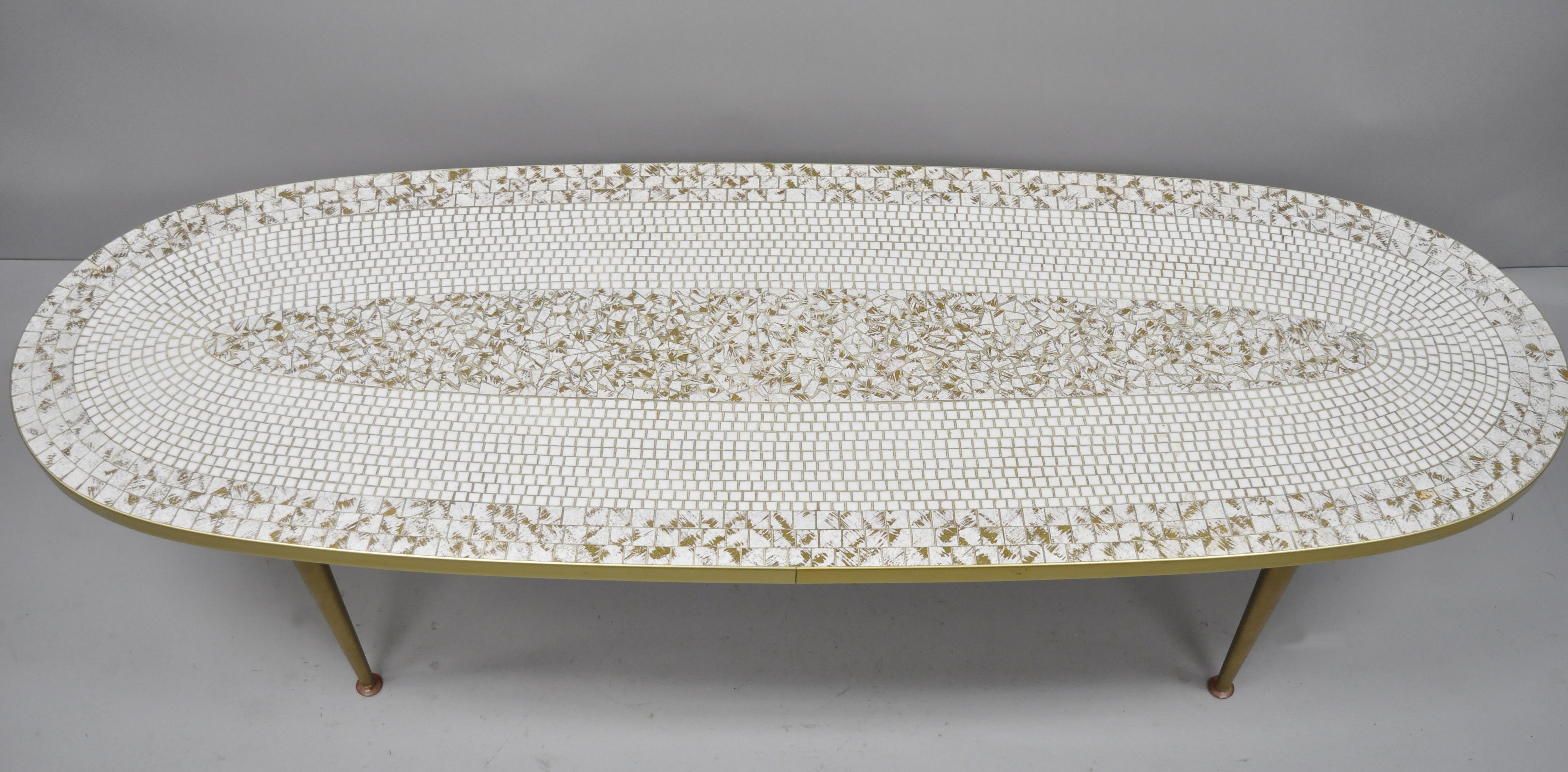 Mid-Century Modern oval surfboard white gold mosaic tile top long coffee table. Item features large oval 