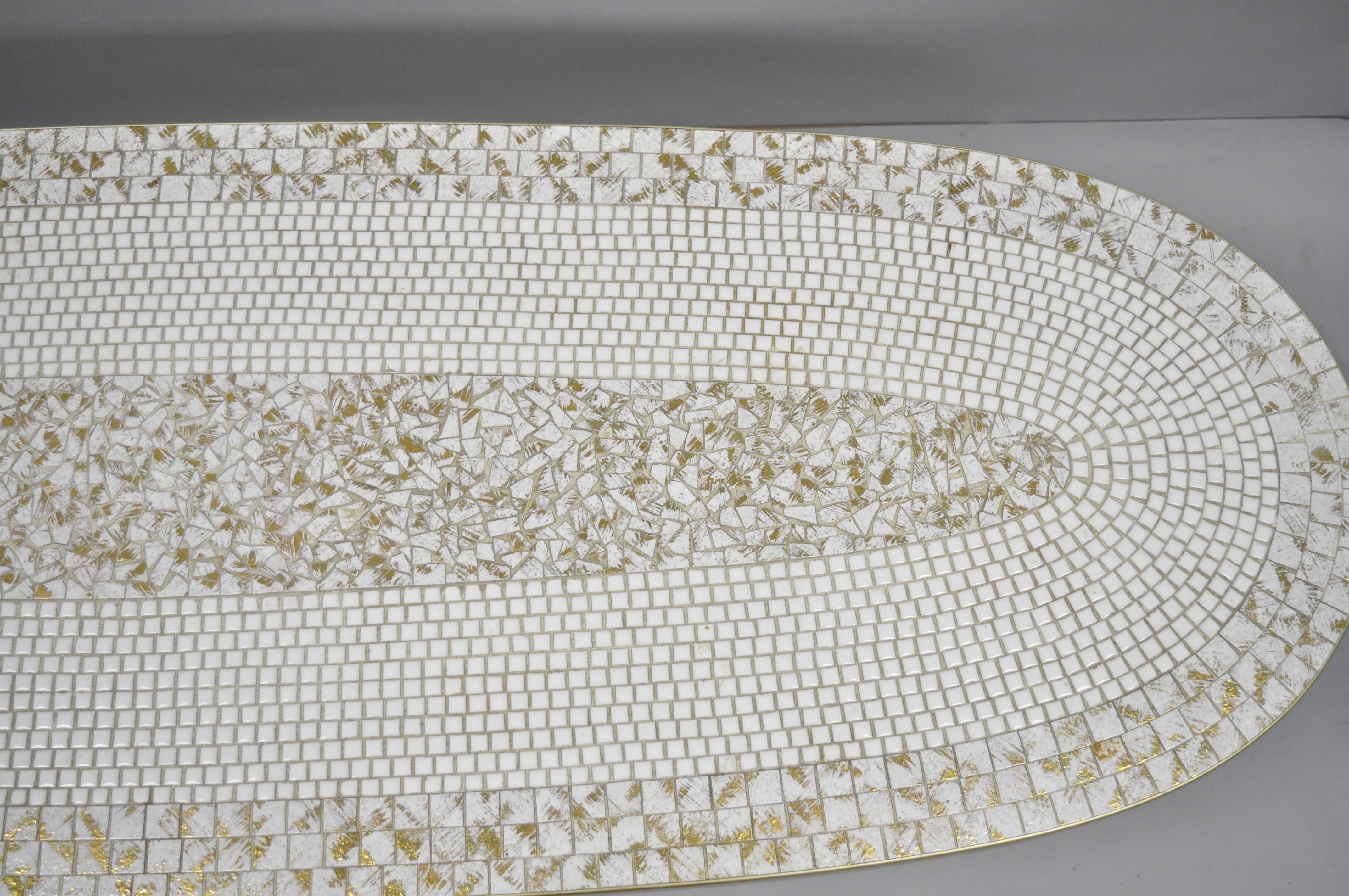20th Century Mid-Century Modern Oval Surfboard White Gold Mosaic Tile Top Long Coffee Table