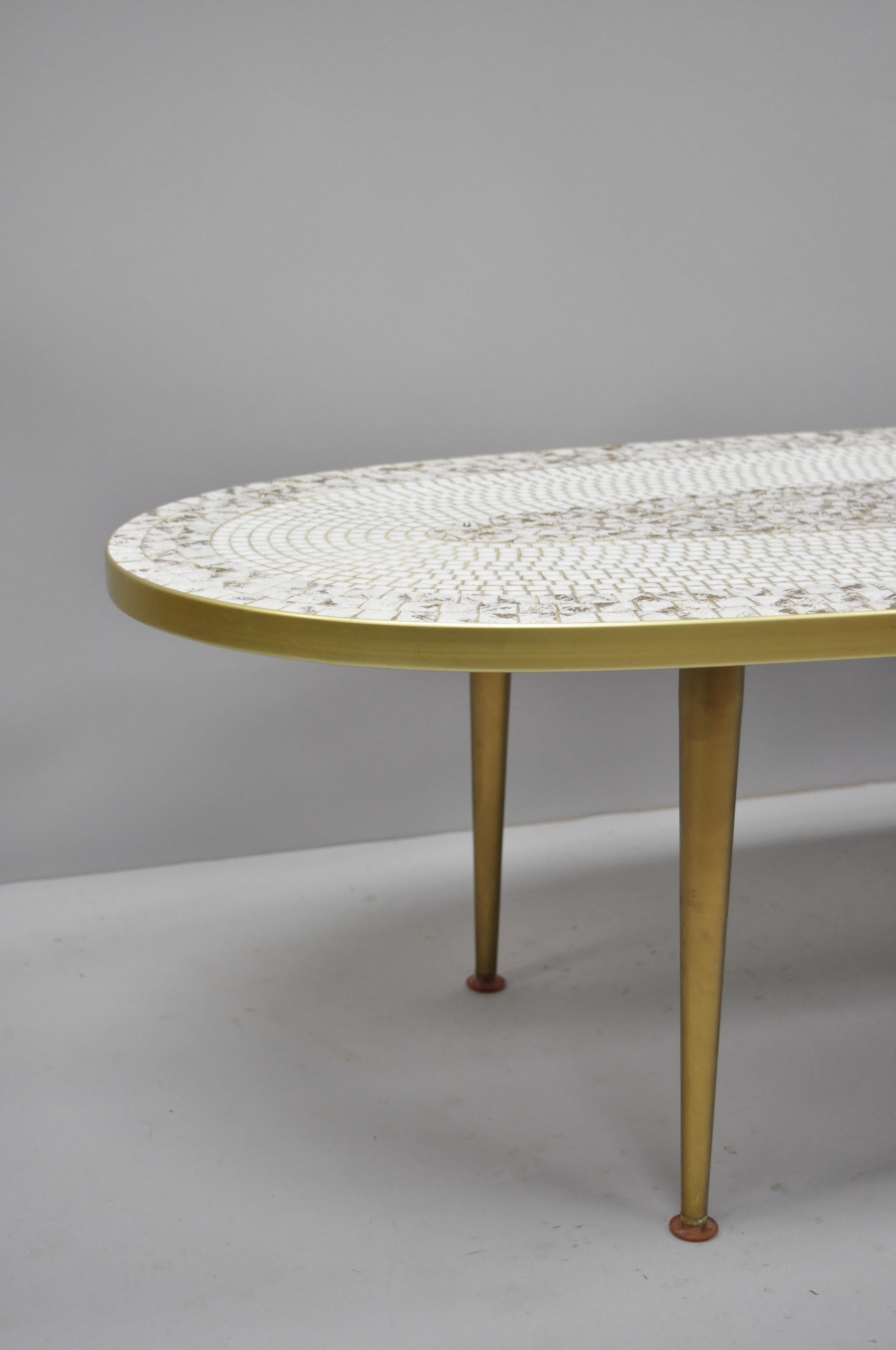 Metal Mid-Century Modern Oval Surfboard White Gold Mosaic Tile Top Long Coffee Table