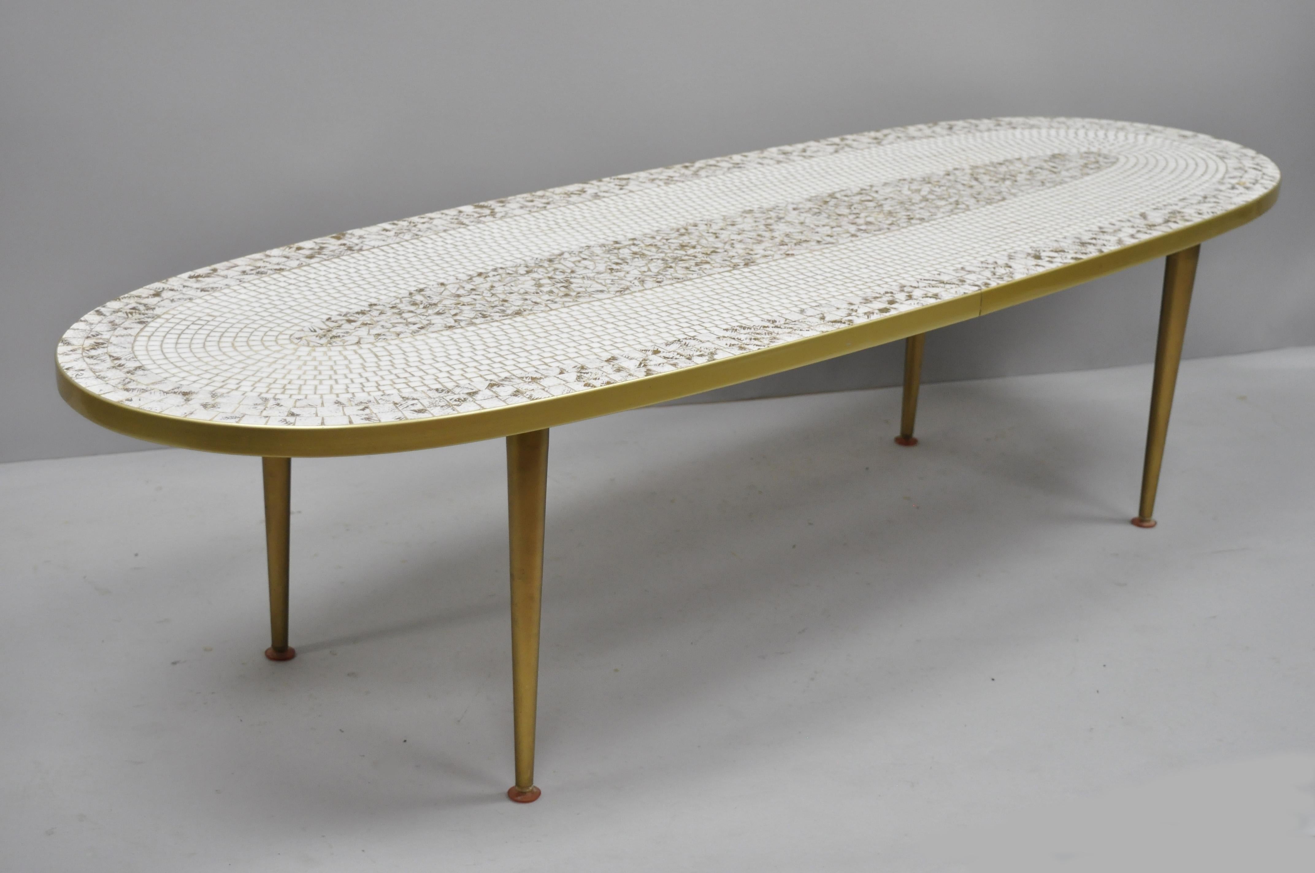 Mid-Century Modern Oval Surfboard White Gold Mosaic Tile Top Long Coffee Table 2