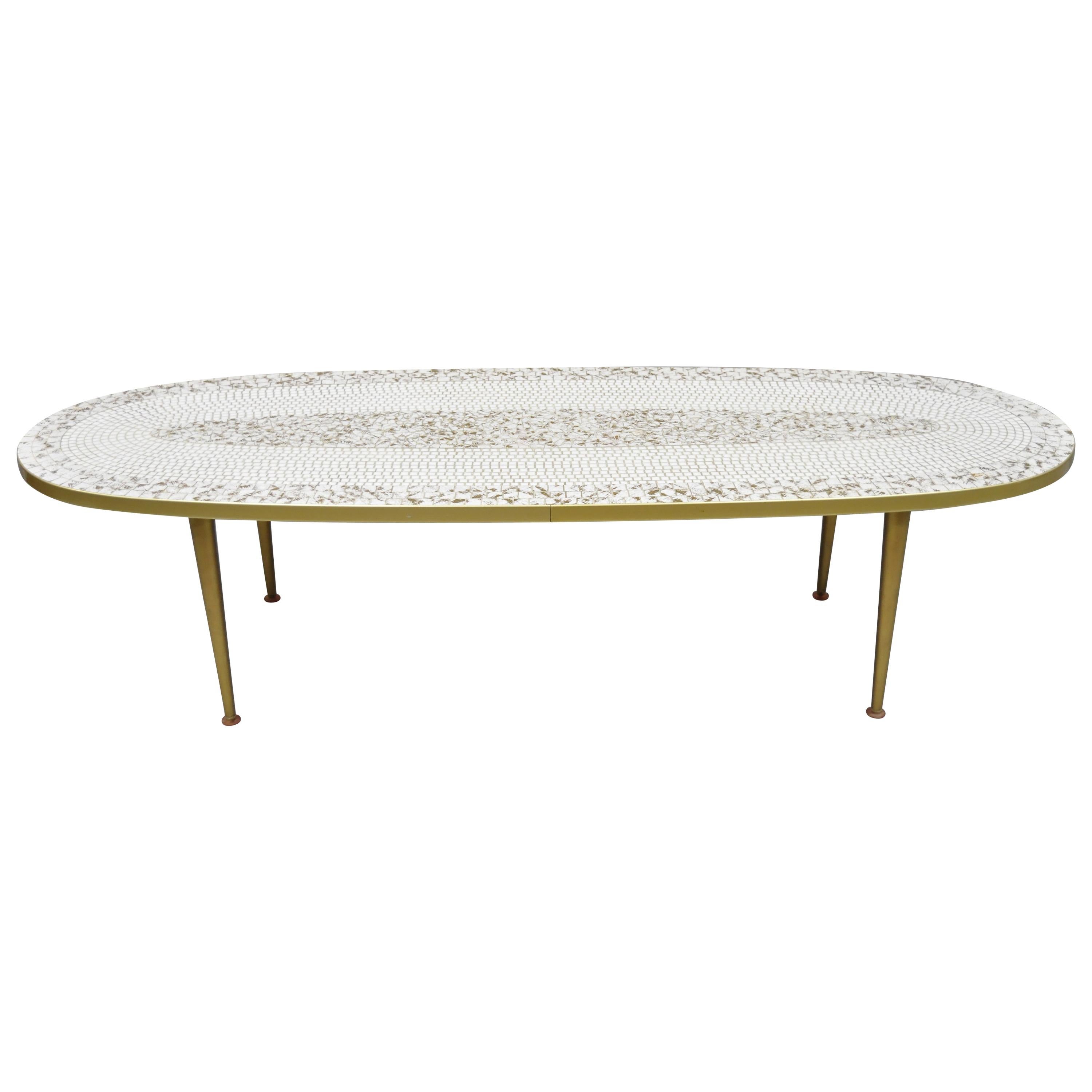 Mid-Century Modern Oval Surfboard White Gold Mosaic Tile Top Long Coffee Table