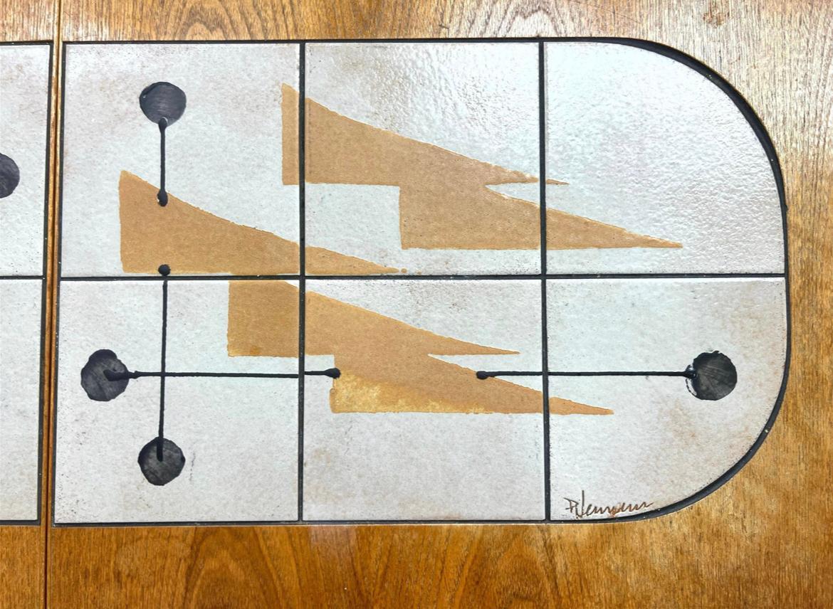 Woodwork Mid century modern oval teak dining table center ceramic tile inlay one leaf For Sale