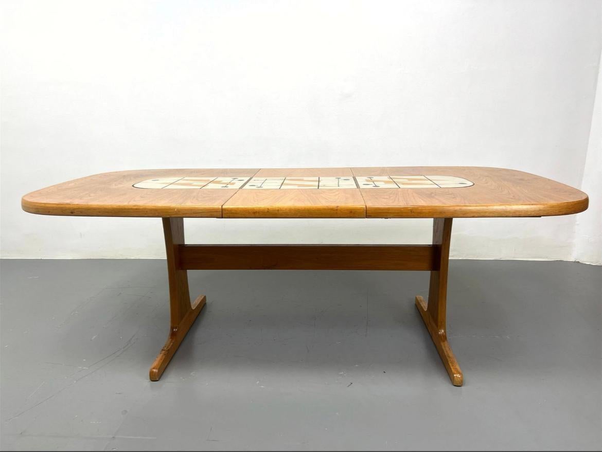 Mid-20th Century Mid century modern oval teak dining table center ceramic tile inlay one leaf For Sale