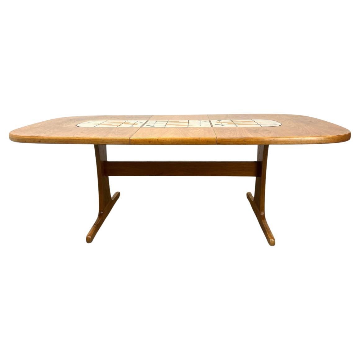 Mid century modern oval teak dining table center ceramic tile inlay one leaf For Sale