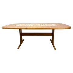 Retro Mid century modern oval teak dining table center ceramic tile inlay one leaf